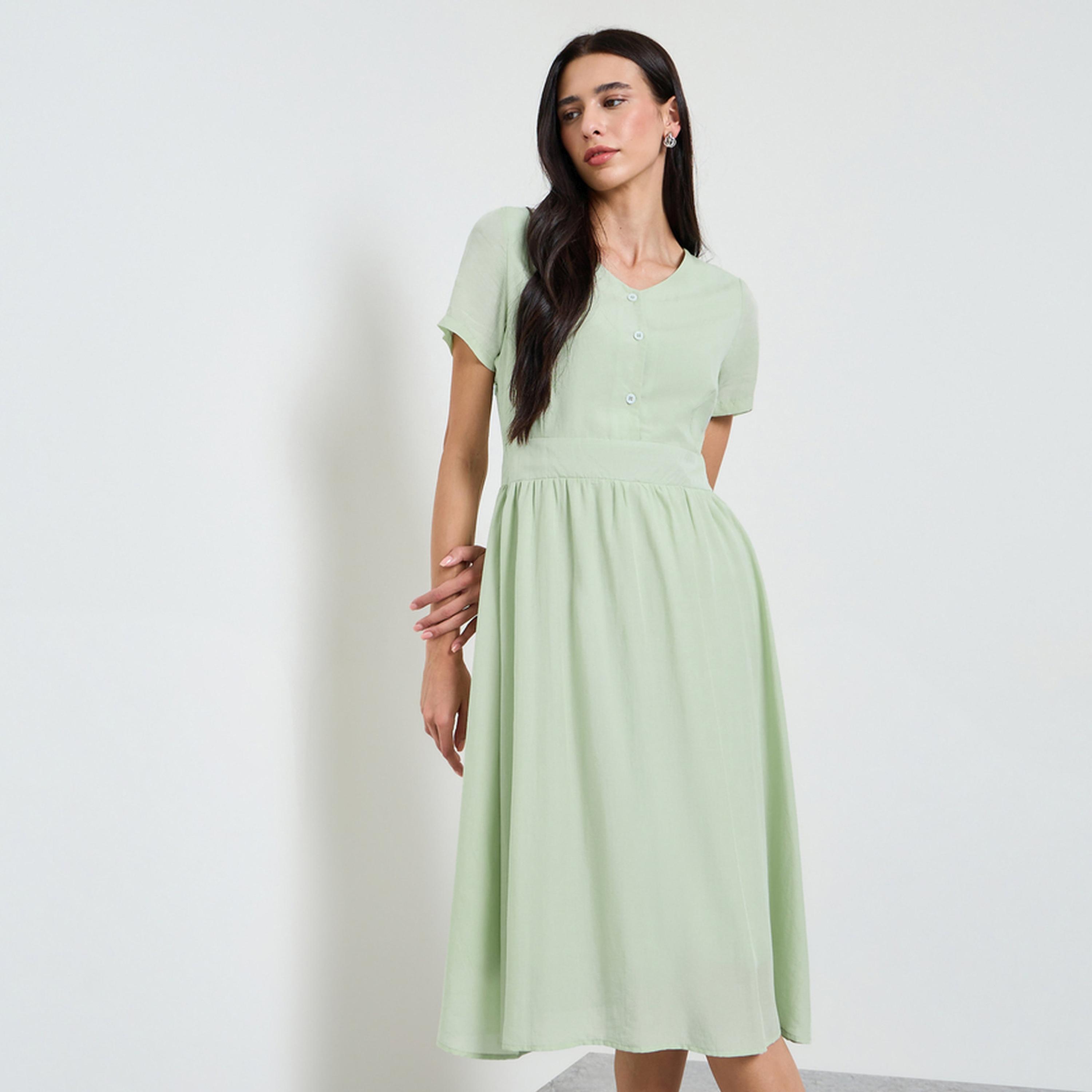 Styli Green Solid V Neck A-Line Midi Dress-women-clothing-dresses-image-1