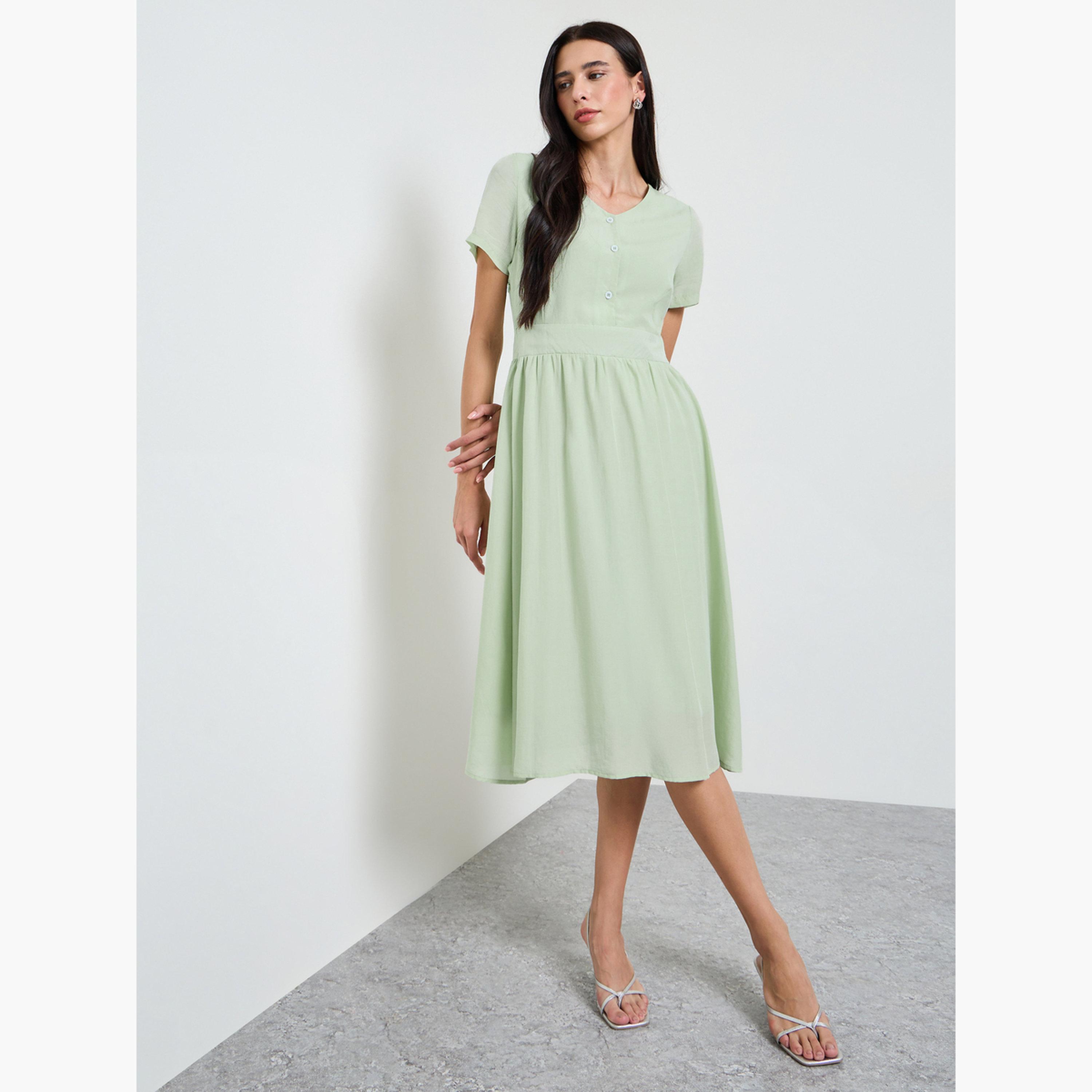 فستان ميدي بحافة واسعة سادة-women-clothing-dresses-image-2