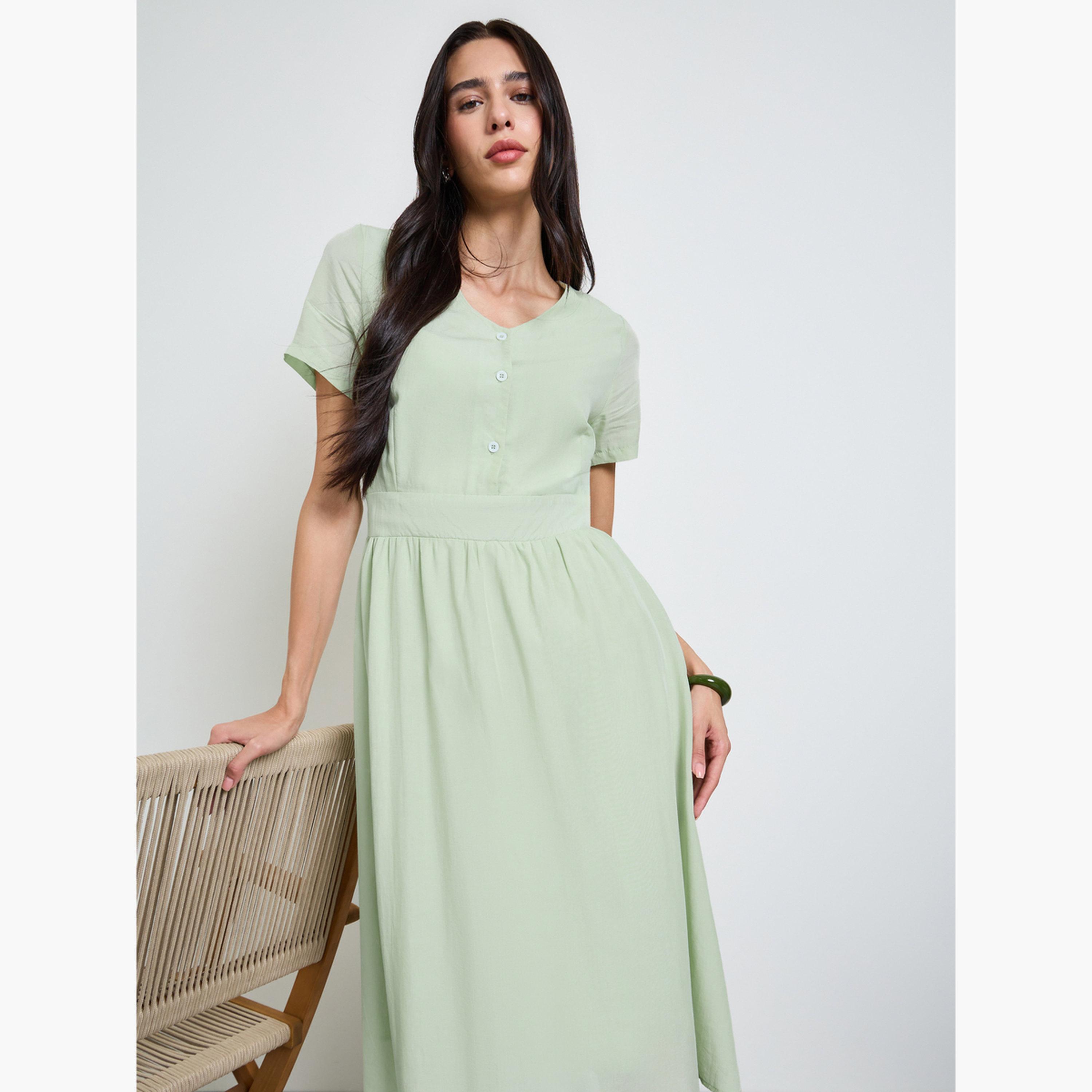 Styli Green Solid V Neck A-Line Midi Dress-women-clothing-dresses-image-3