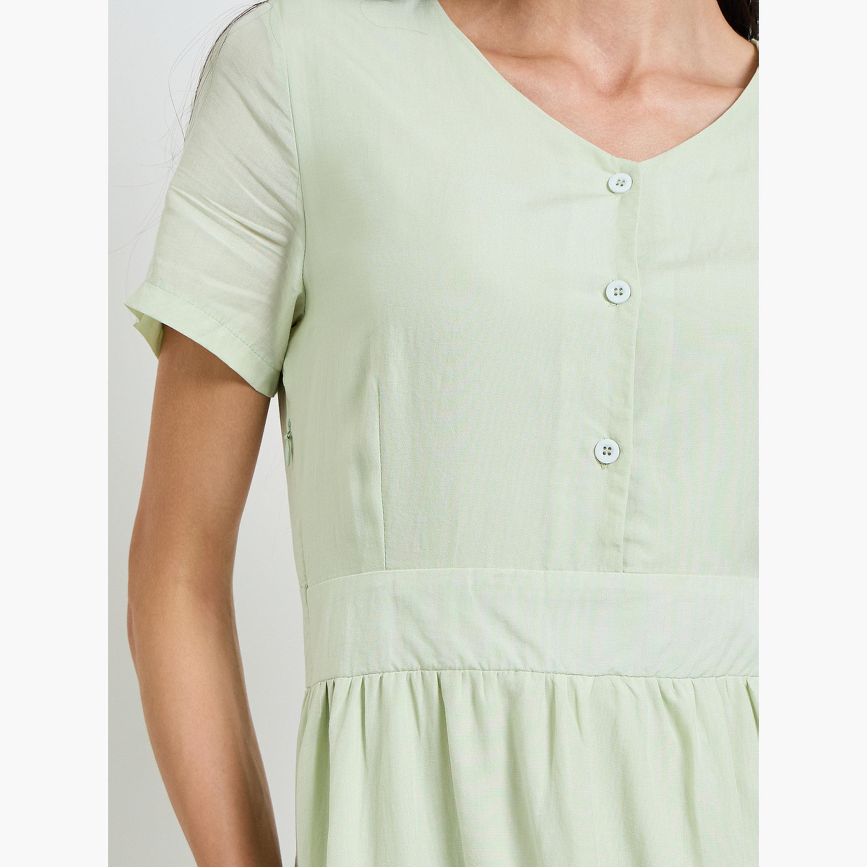 Styli Green Solid V Neck A-Line Midi Dress-women-clothing-dresses-image-5