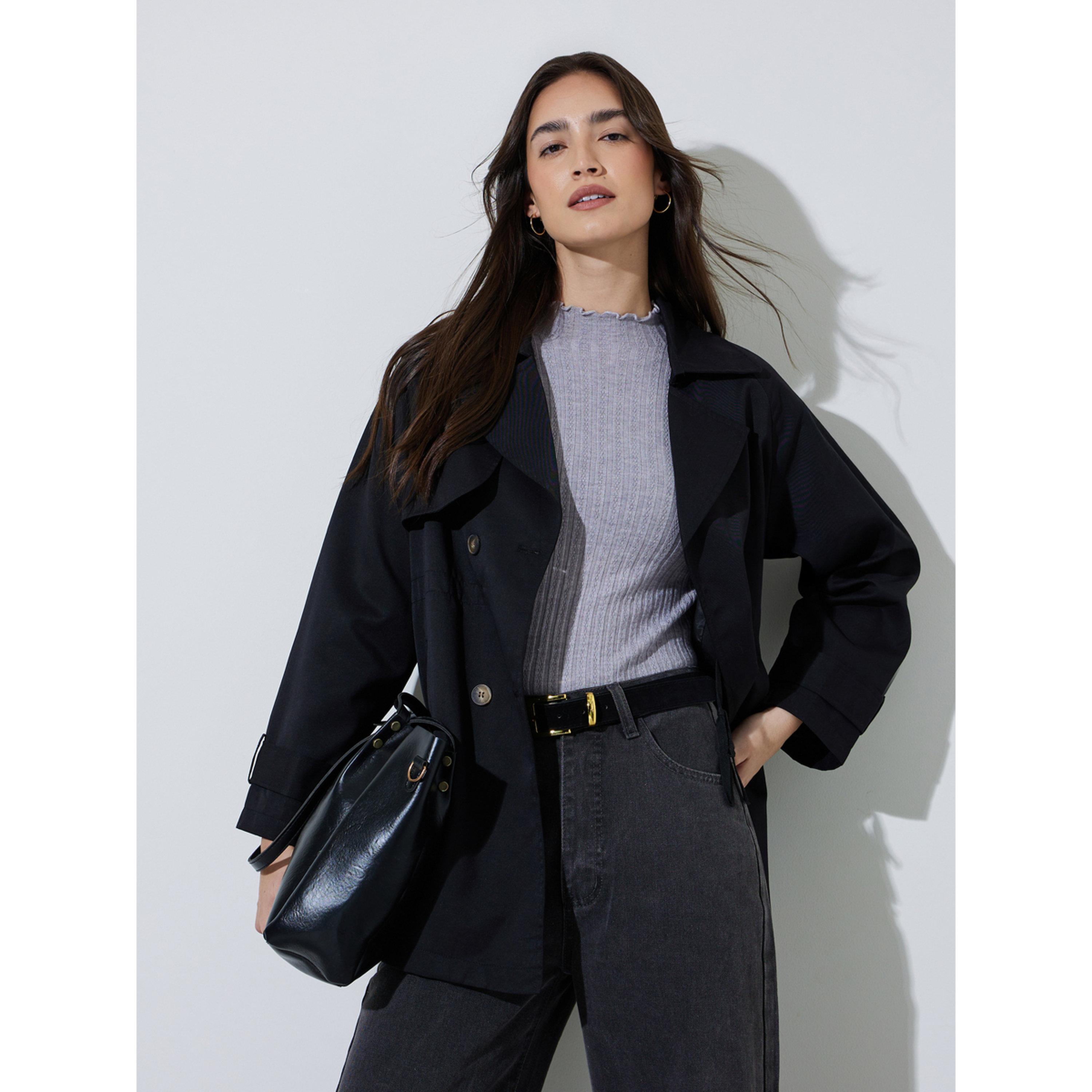معطف ترنش طويل بأزرار أمامية باللون الأسود-women-winterwear-coatsandjackets-coats-image-3