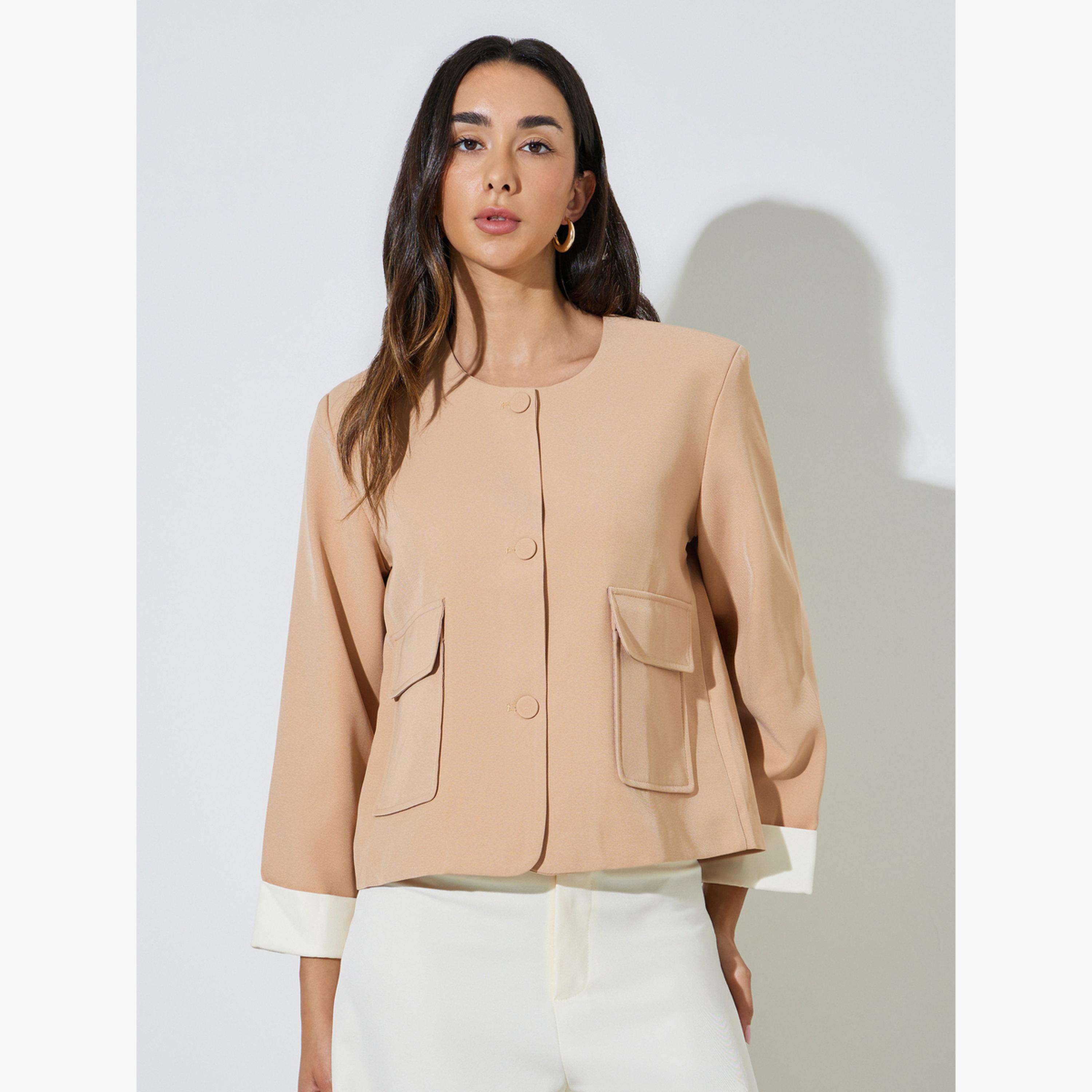 بليزر بأزرار أمامية وجيب بغطاء-women-clothing-coatsandjackets-blazers-image-1
