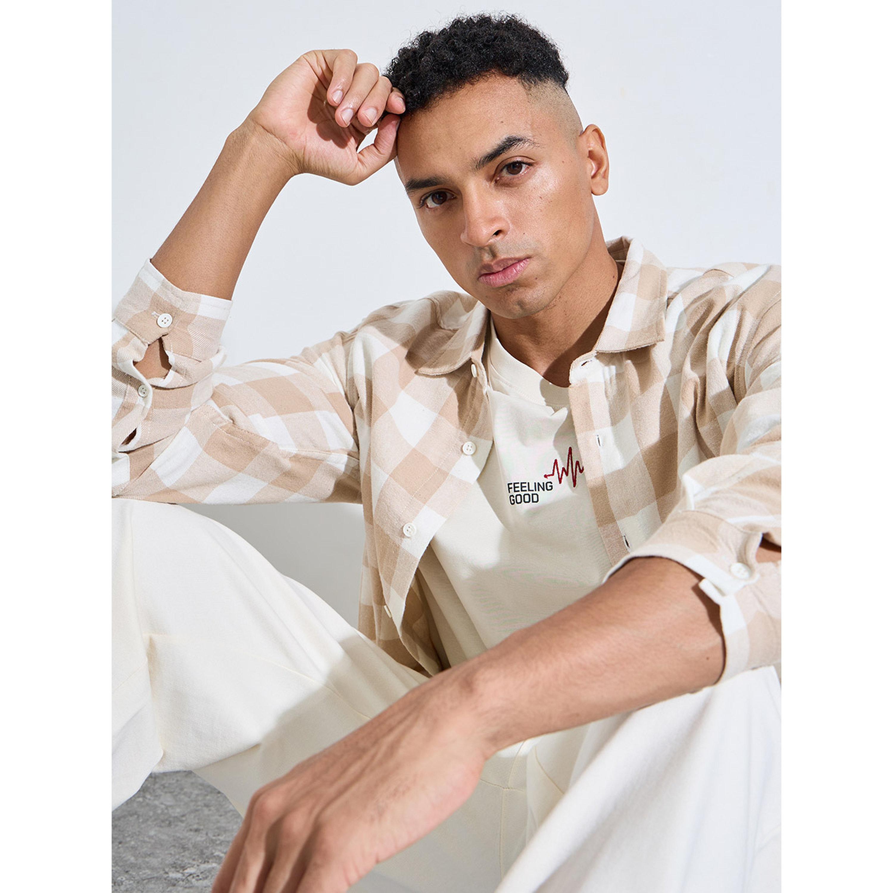 Styli Beige Checked Spread Collar Shirt-men-clothing-shirts-image-3