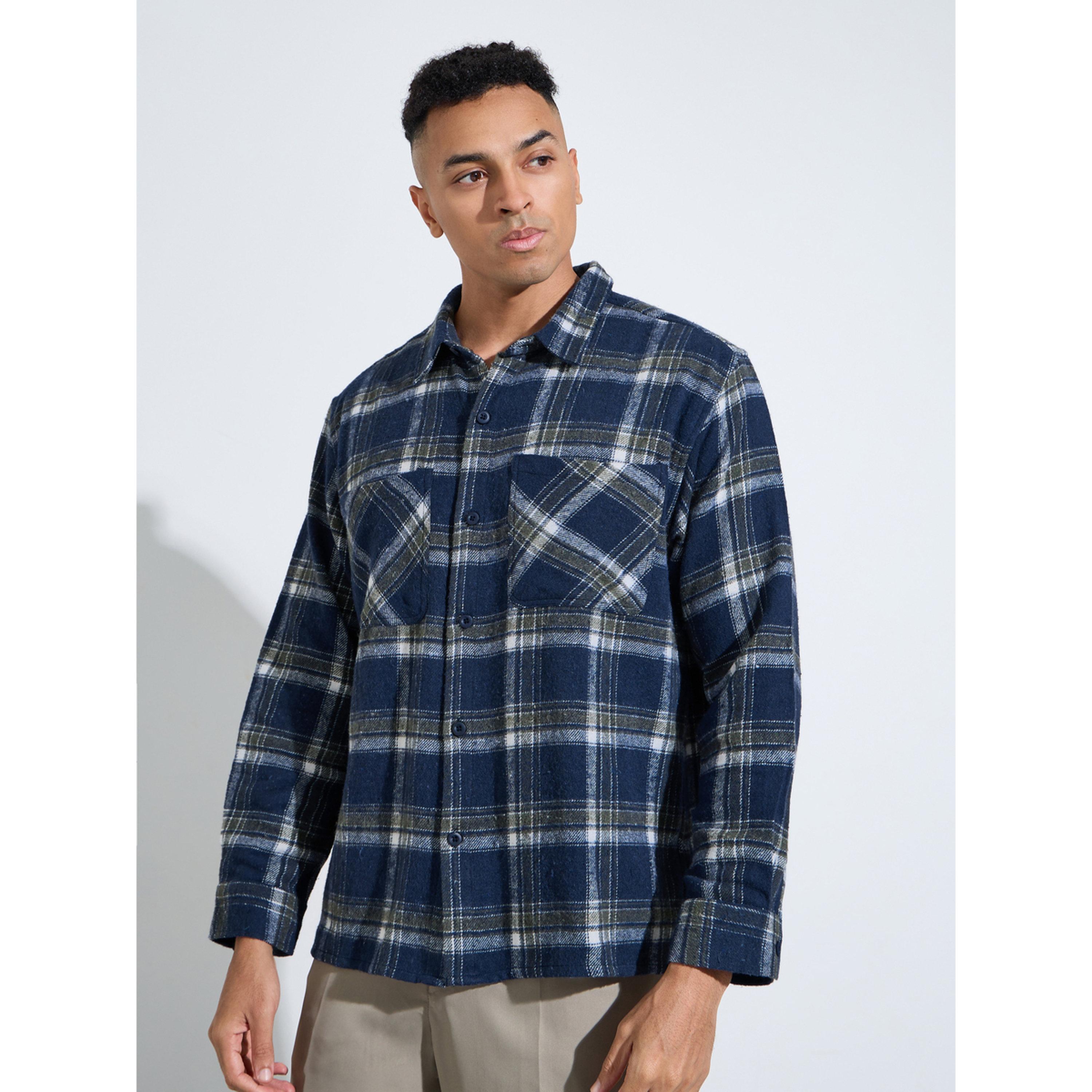 Styli Navy Blue Checked Pocket Detail Oversized Shacket-men-clothing-shirts-image-1