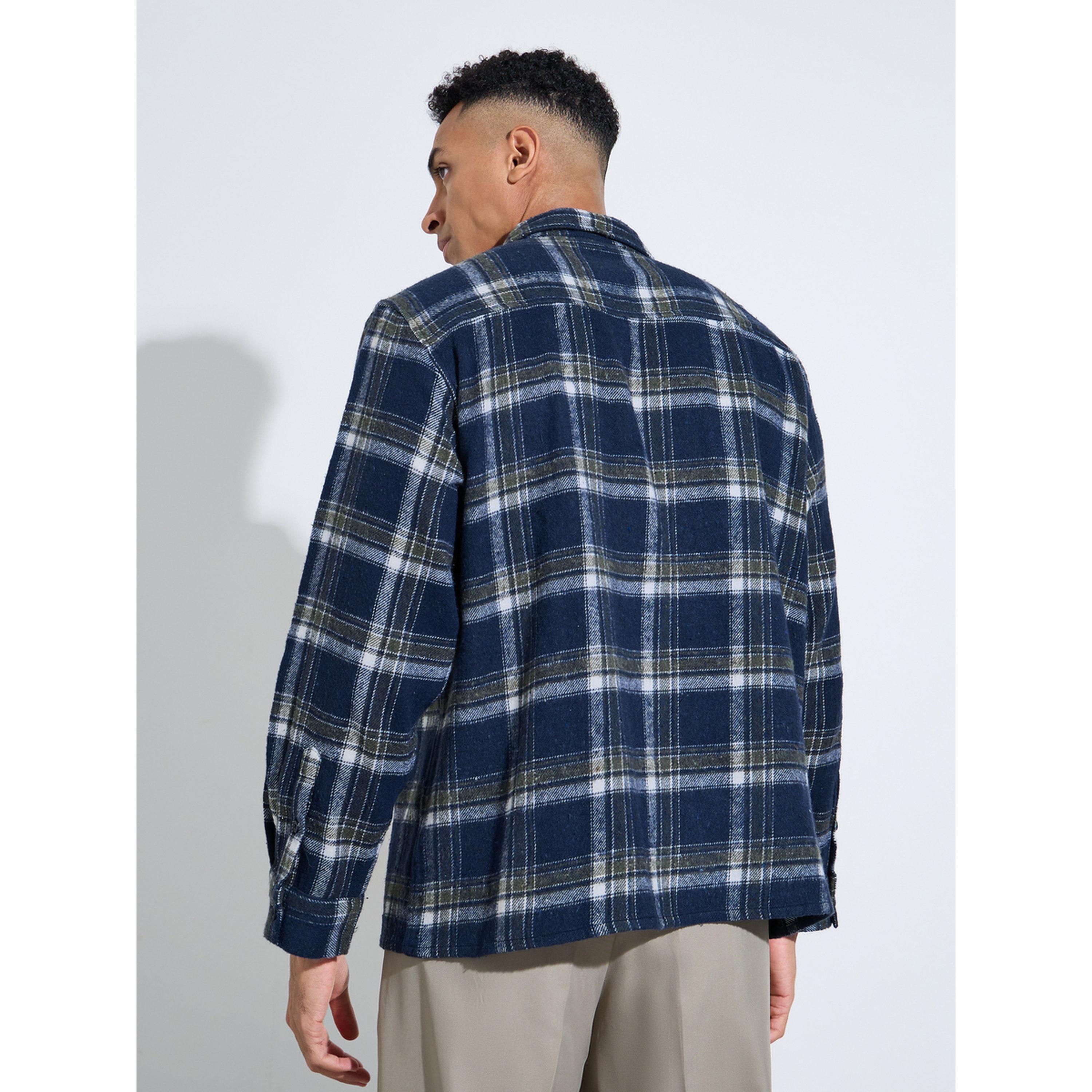 Styli Navy Blue Checked Pocket Detail Oversized Shacket-men-clothing-shirts-image-4