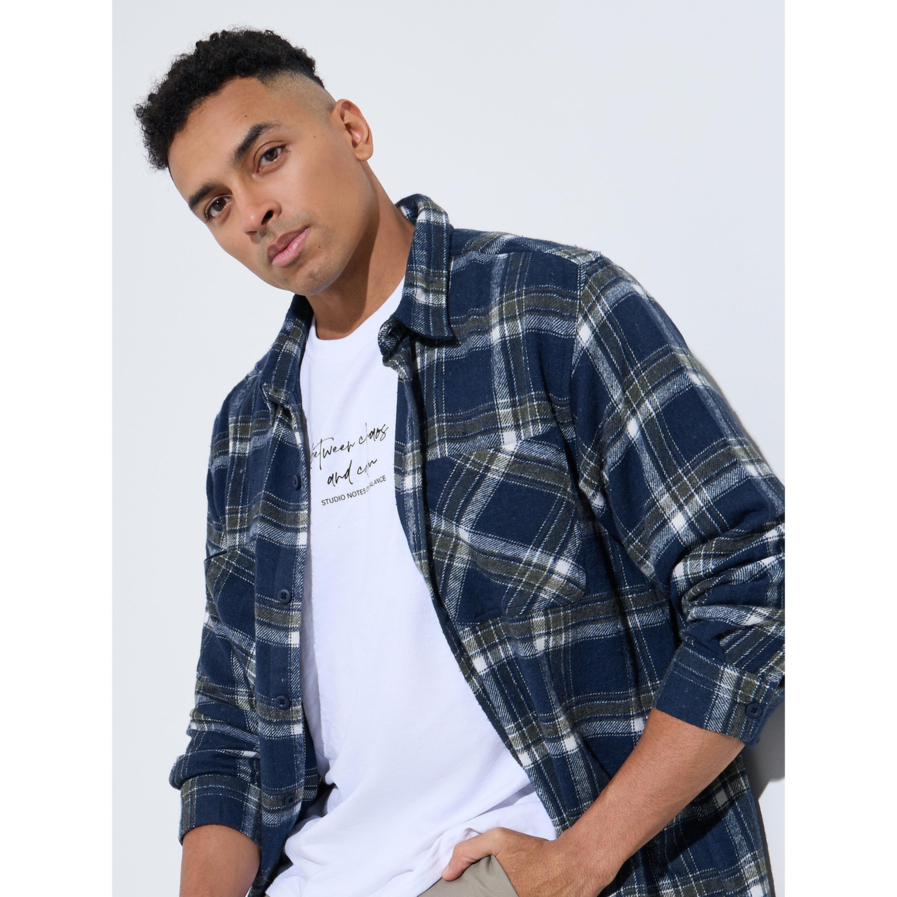 Styli Navy Blue Checked Pocket Detail Oversized Shacket-men-clothing-shirts-image-5