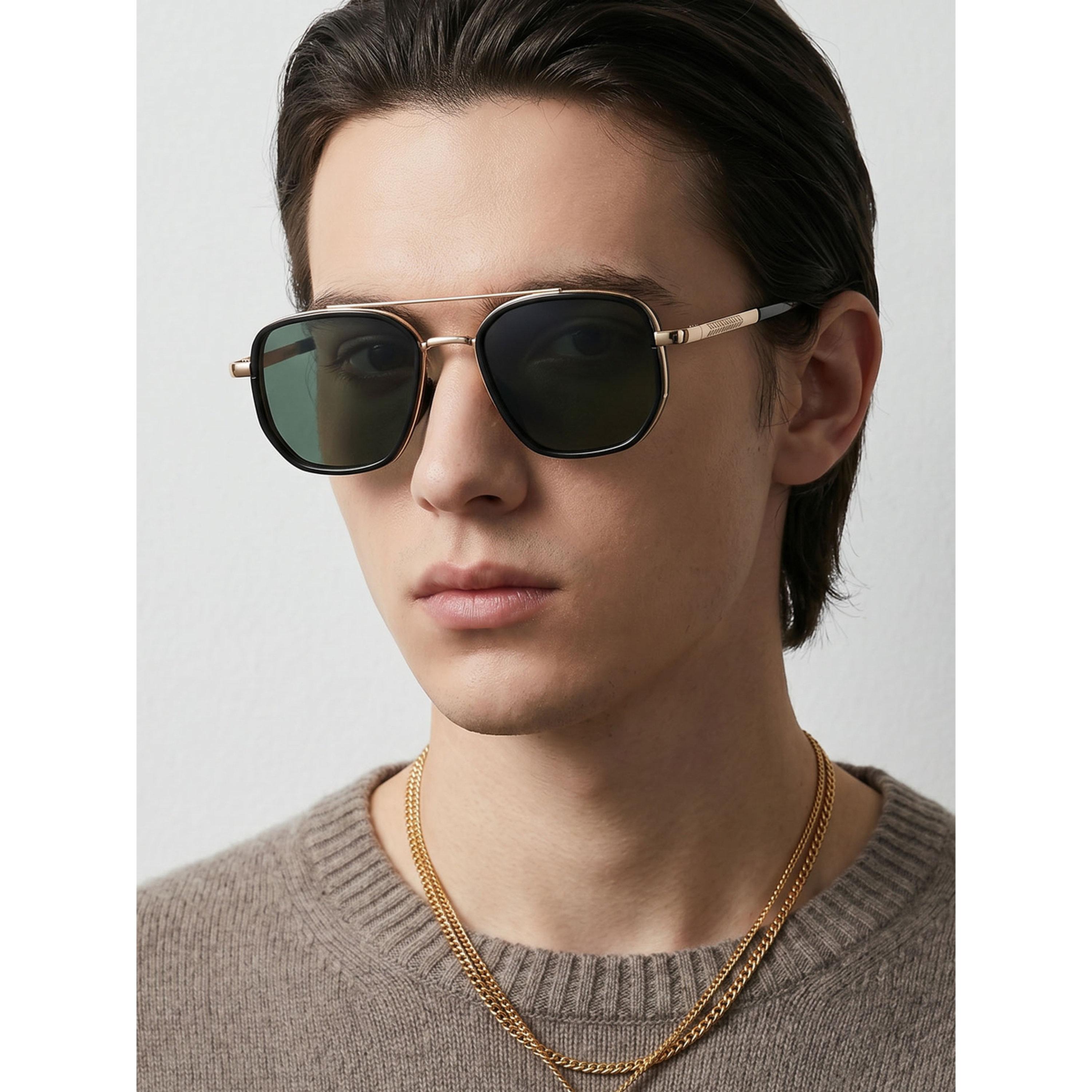 نظارة شمسية نمط أفياتور بجسر مزدوج باللون الذهبي-men-sunglasses-image-6