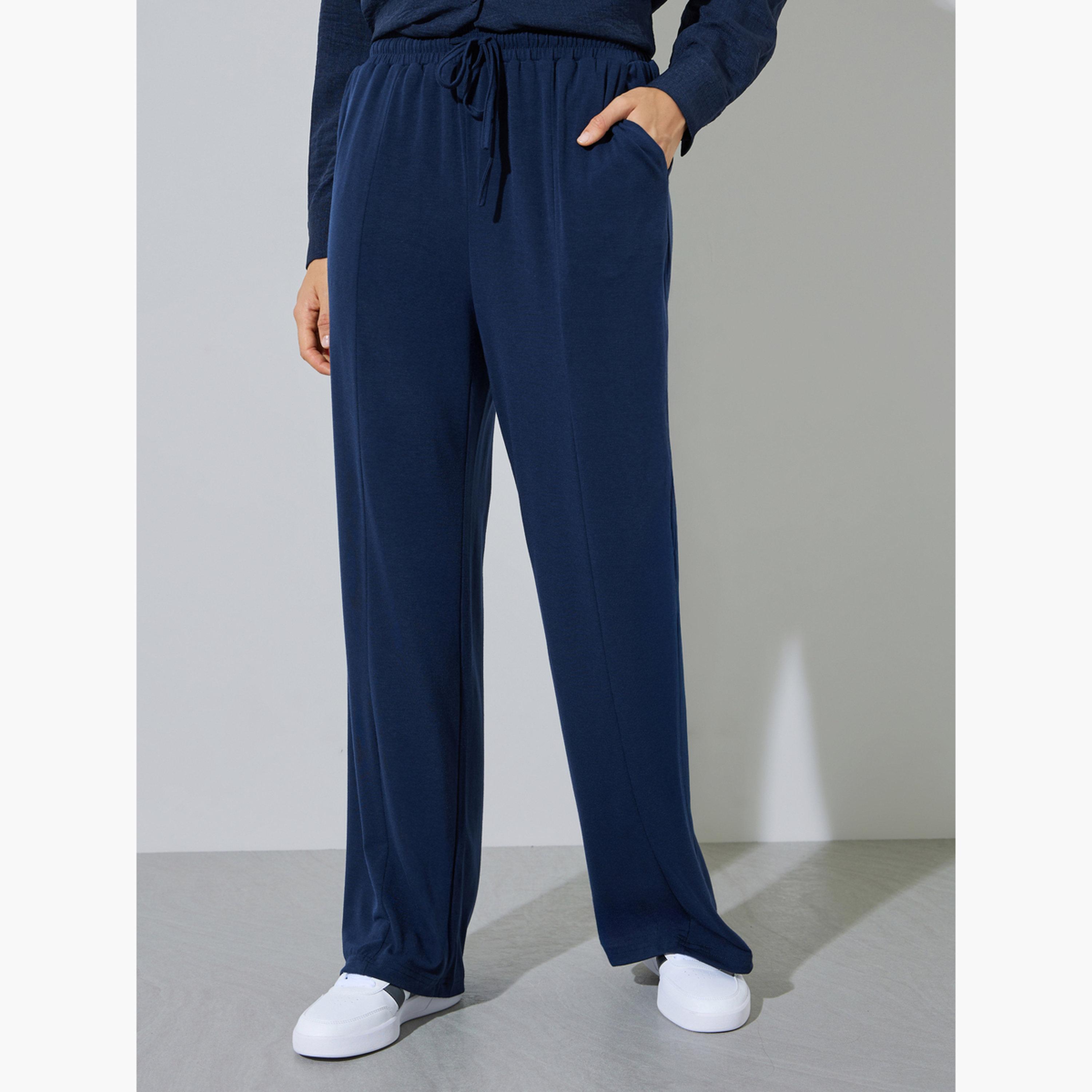 Styli Dark Blue Solid Wide Leg Joggers-women-clothing-bottoms-joggers-image-1