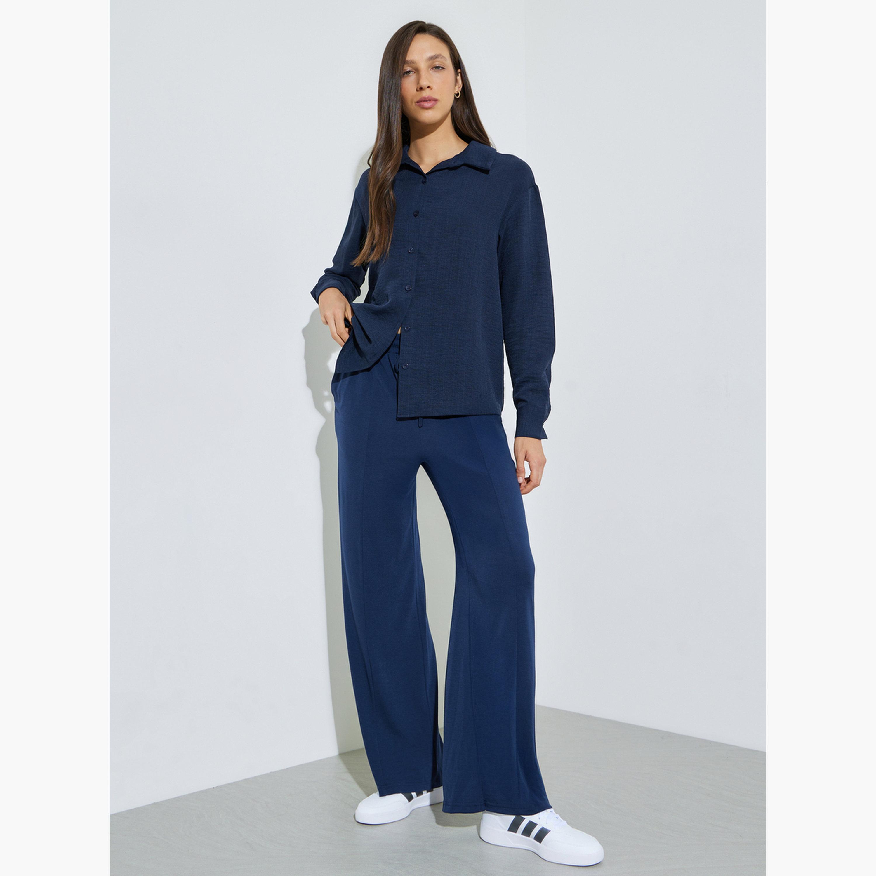 Styli Dark Blue Solid Wide Leg Joggers-women-clothing-bottoms-joggers-image-2