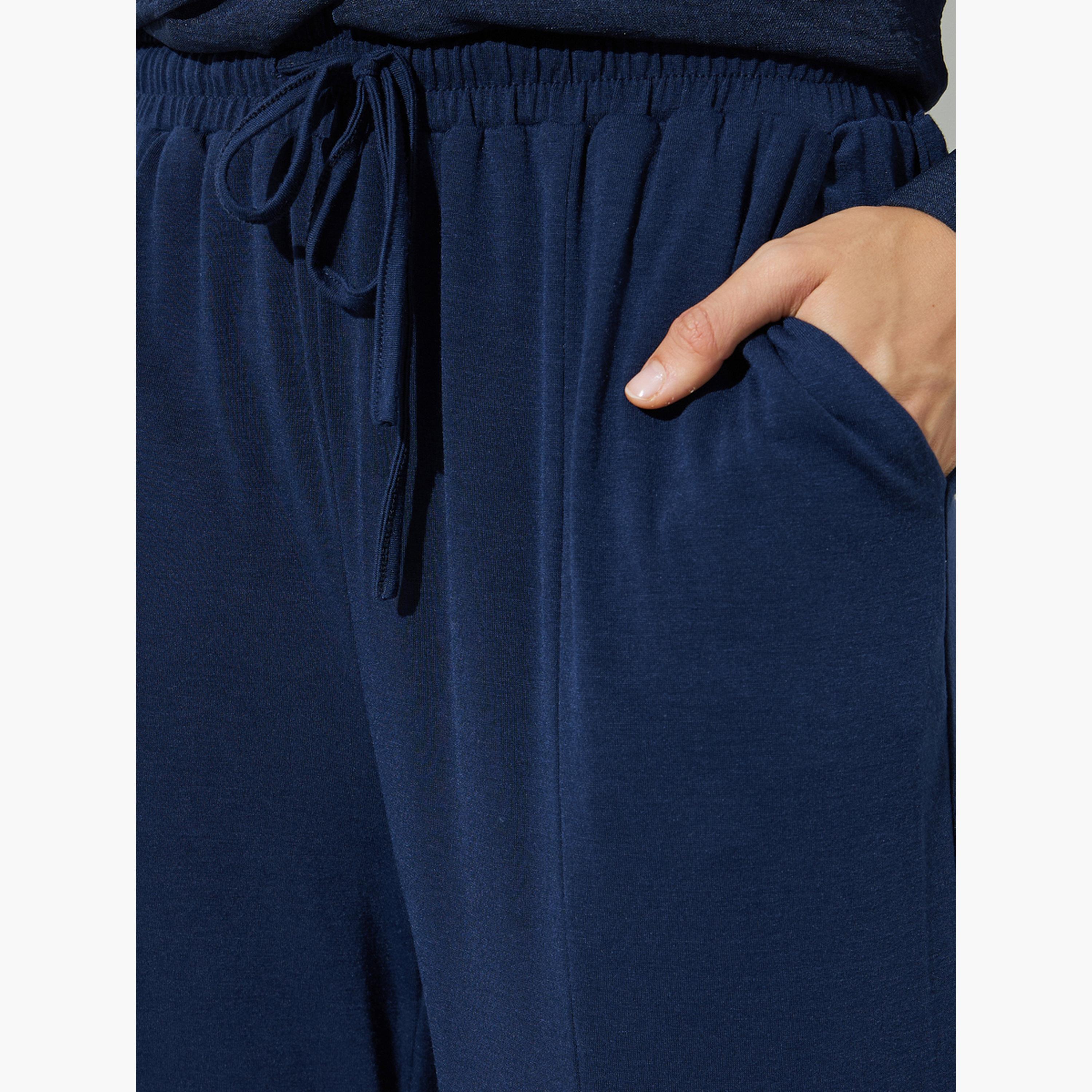 Styli Dark Blue Solid Wide Leg Joggers-women-clothing-bottoms-joggers-image-3