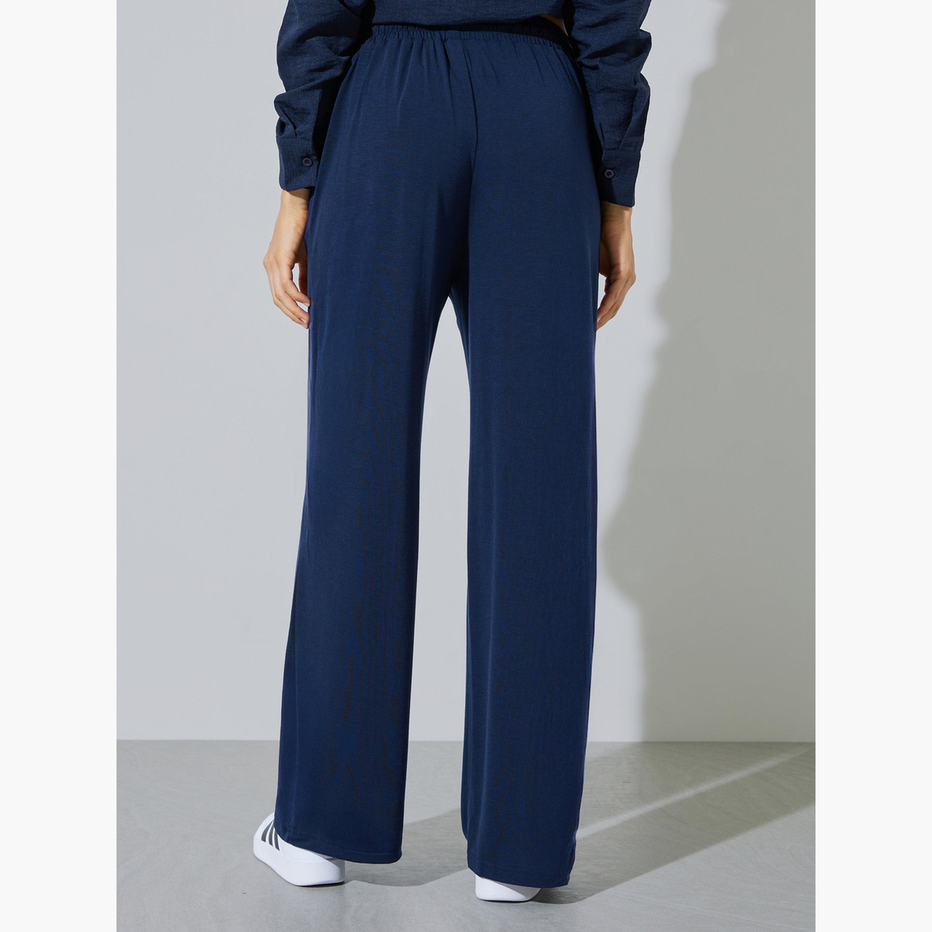 Styli Dark Blue Solid Wide Leg Joggers-women-clothing-bottoms-joggers-image-4