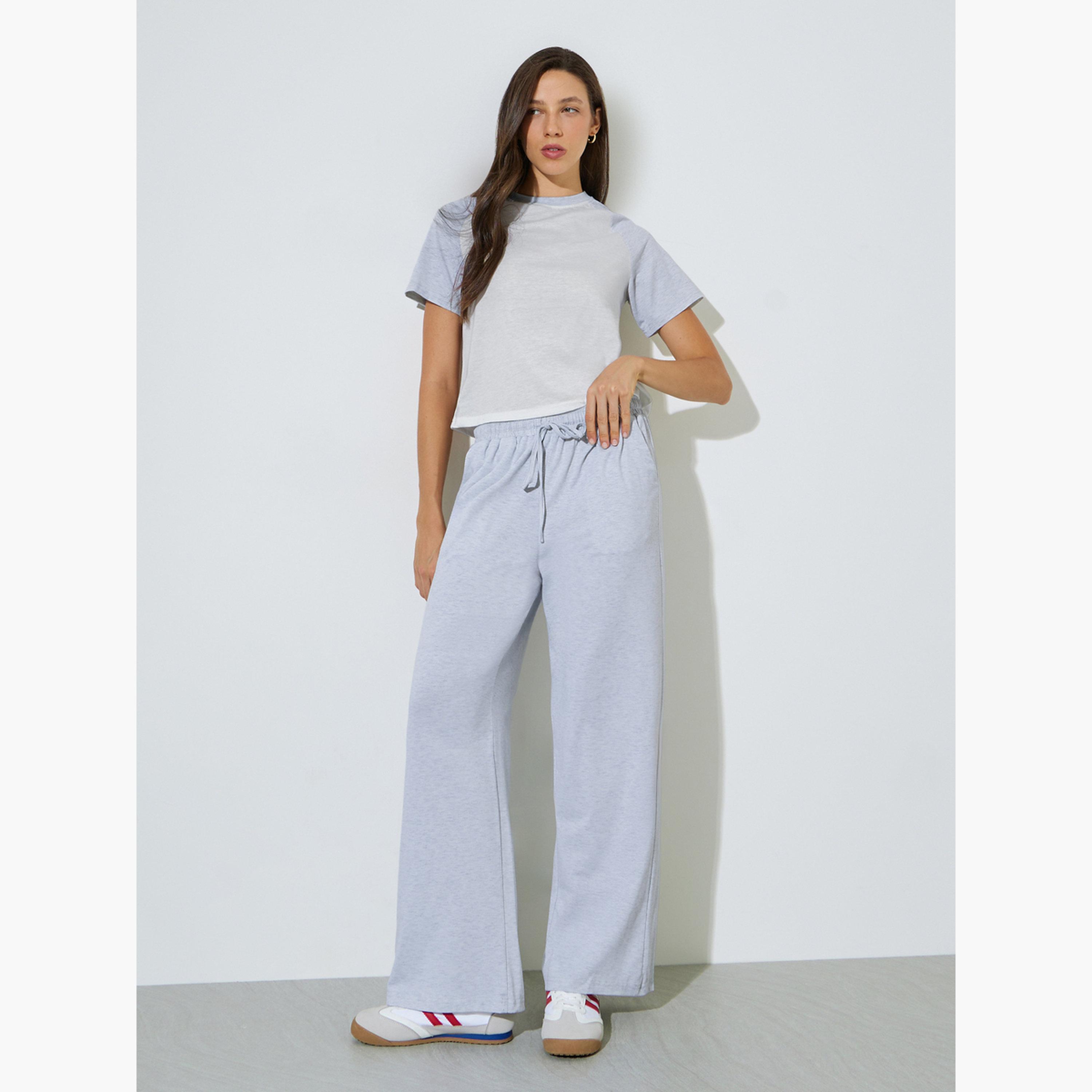 Styli Grey Raglan Sleeve T-Shirt and Wide Leg Pants Co-Ord Set-women-clothing-coordsets-image-1