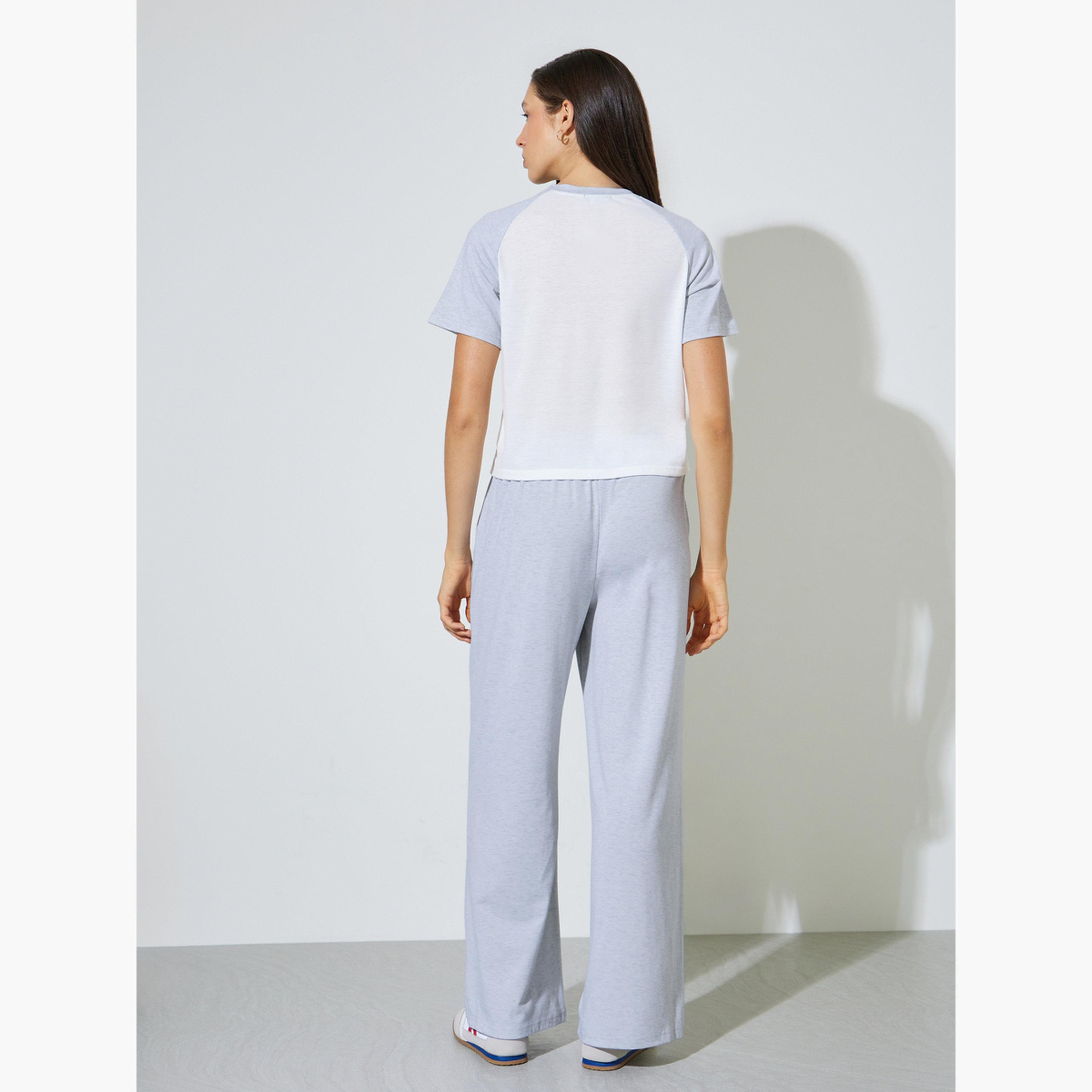 Styli Grey Raglan Sleeve T-Shirt and Wide Leg Pants Co-Ord Set-women-clothing-coordsets-image-3