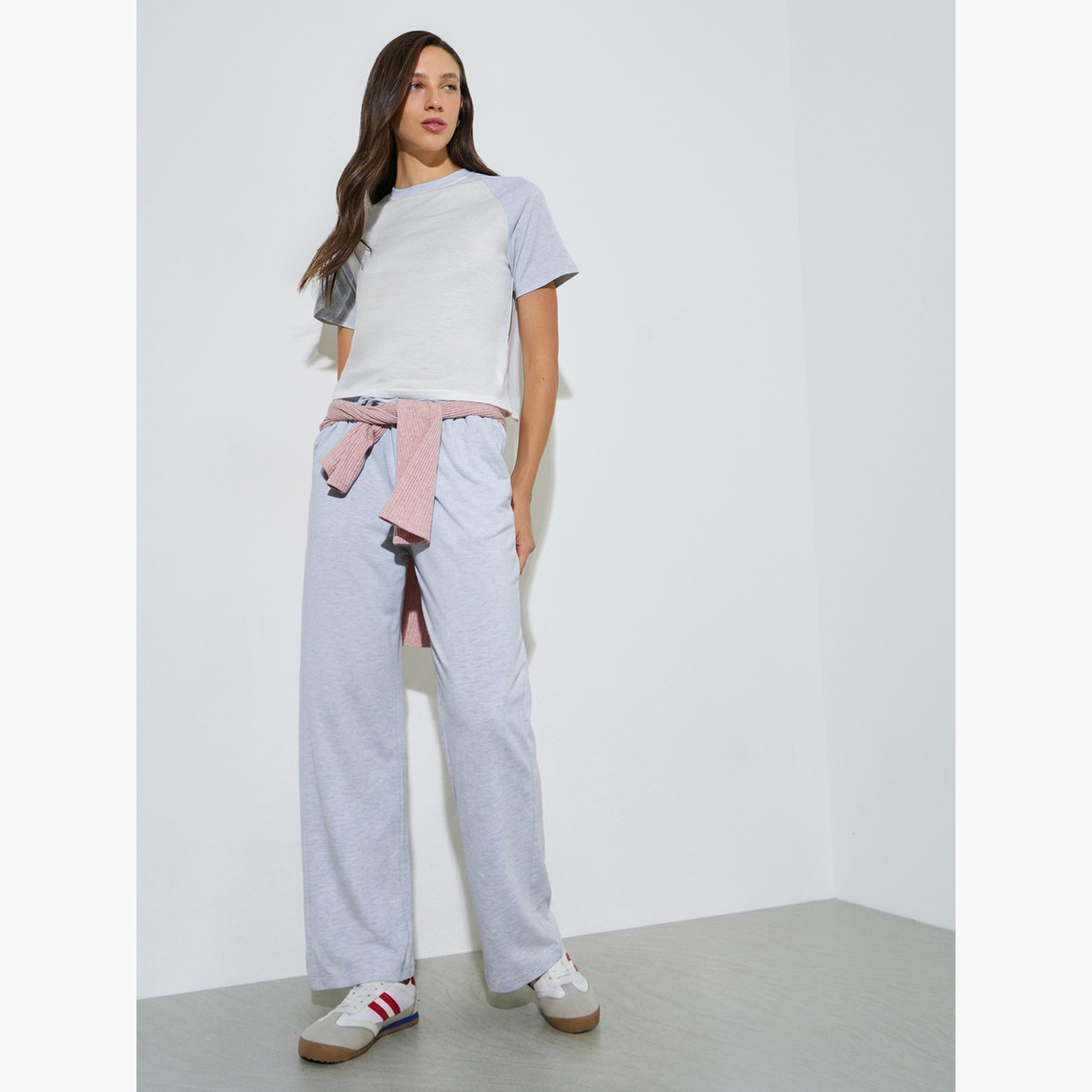 Styli Grey Raglan Sleeve T-Shirt and Wide Leg Pants Co-Ord Set-women-clothing-coordsets-image-5