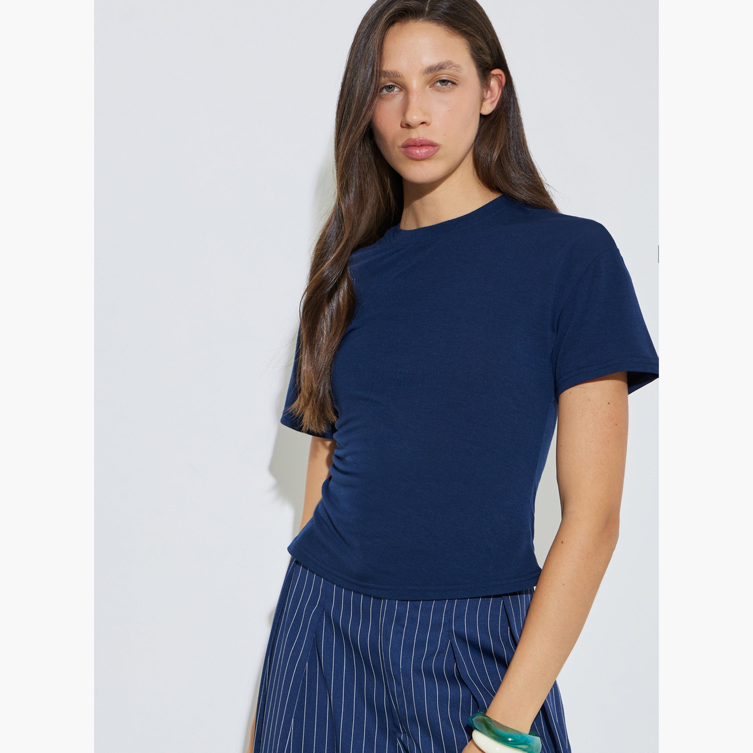 Styli Dark Blue Fitted T-Shirt with Cinched Waist-women-clothing-tshirts-image-3