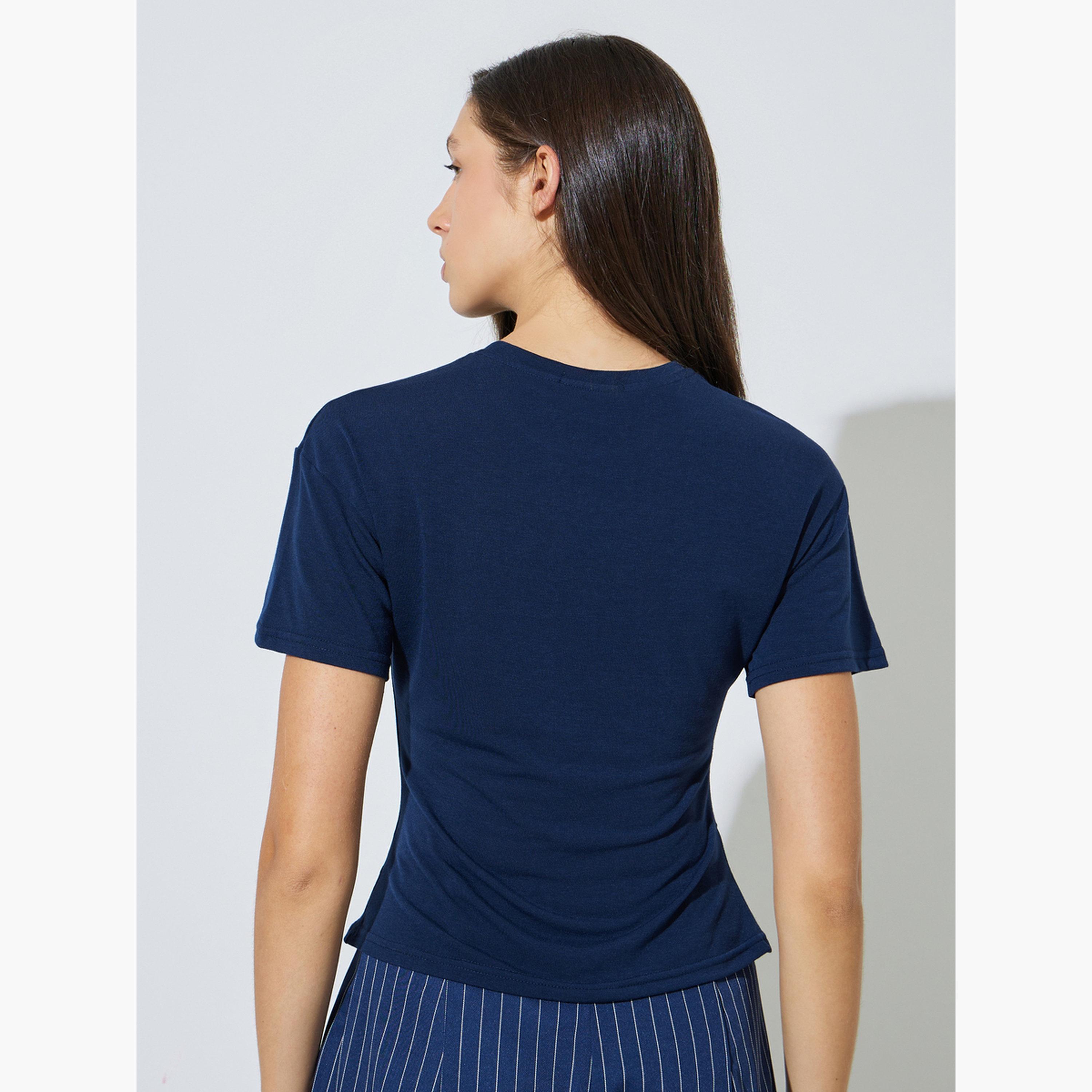 Styli Dark Blue Fitted T-Shirt with Cinched Waist-women-clothing-tshirts-image-4