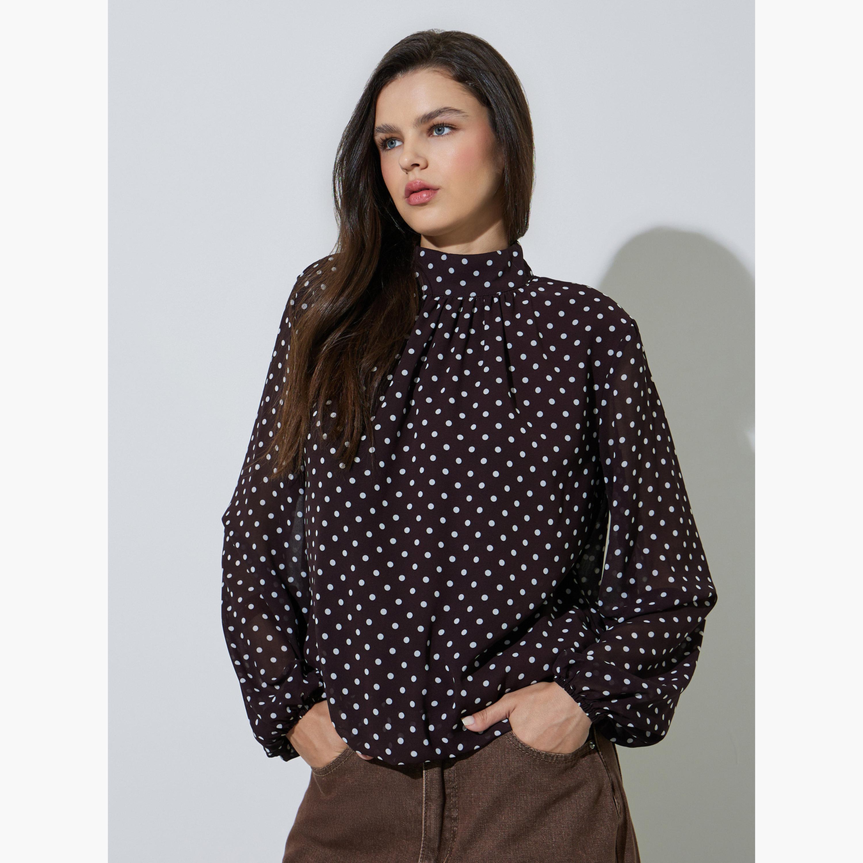 بلوزة بأكمام طويلة وطبعة منقطة-women-clothing-shirtsandblouses-blouses-image-1