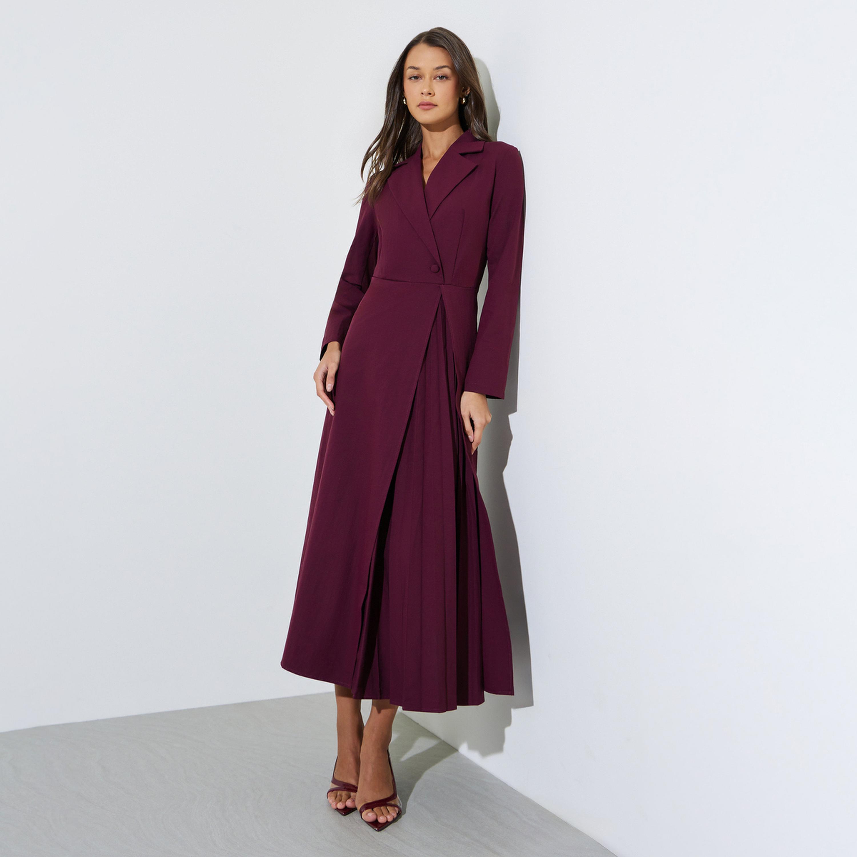 فستان طويل بليزر بورغندي سادة بياقة وتفاصيل كسرات-women-clothing-dresses-image-1