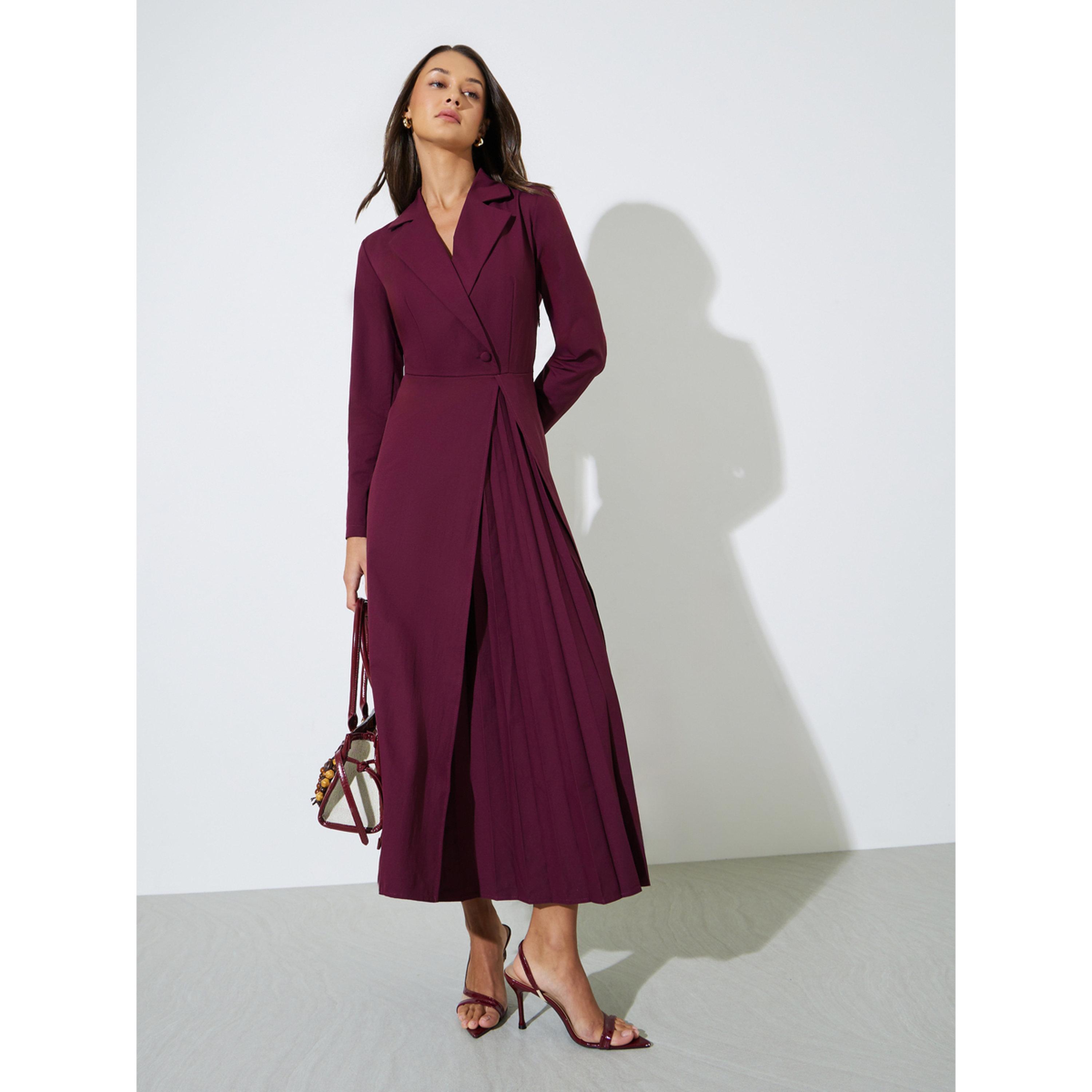 فستان طويل بليزر بورغندي سادة بياقة وتفاصيل كسرات-women-clothing-dresses-image-3