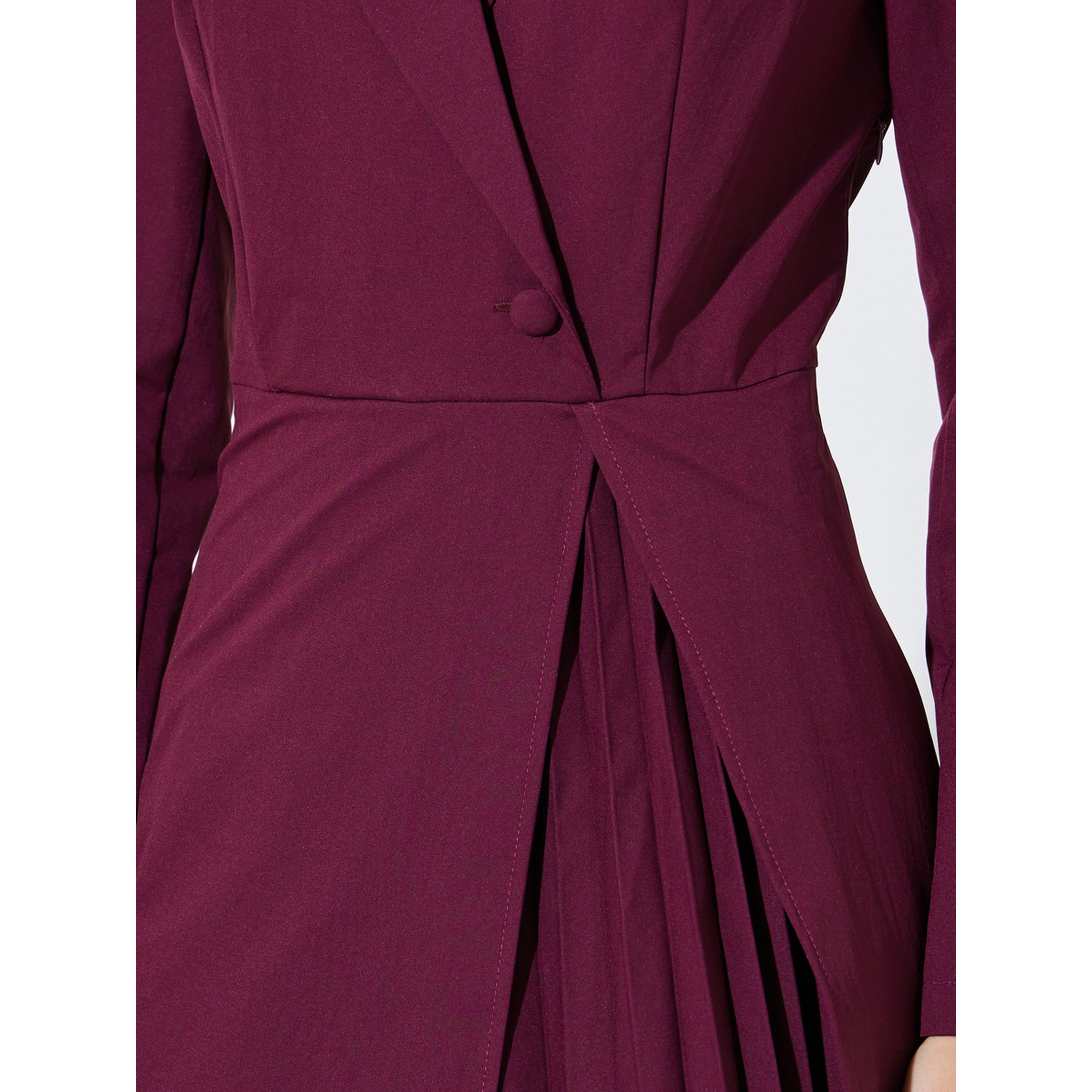 فستان طويل بليزر بورغندي سادة بياقة وتفاصيل كسرات-women-clothing-dresses-image-5