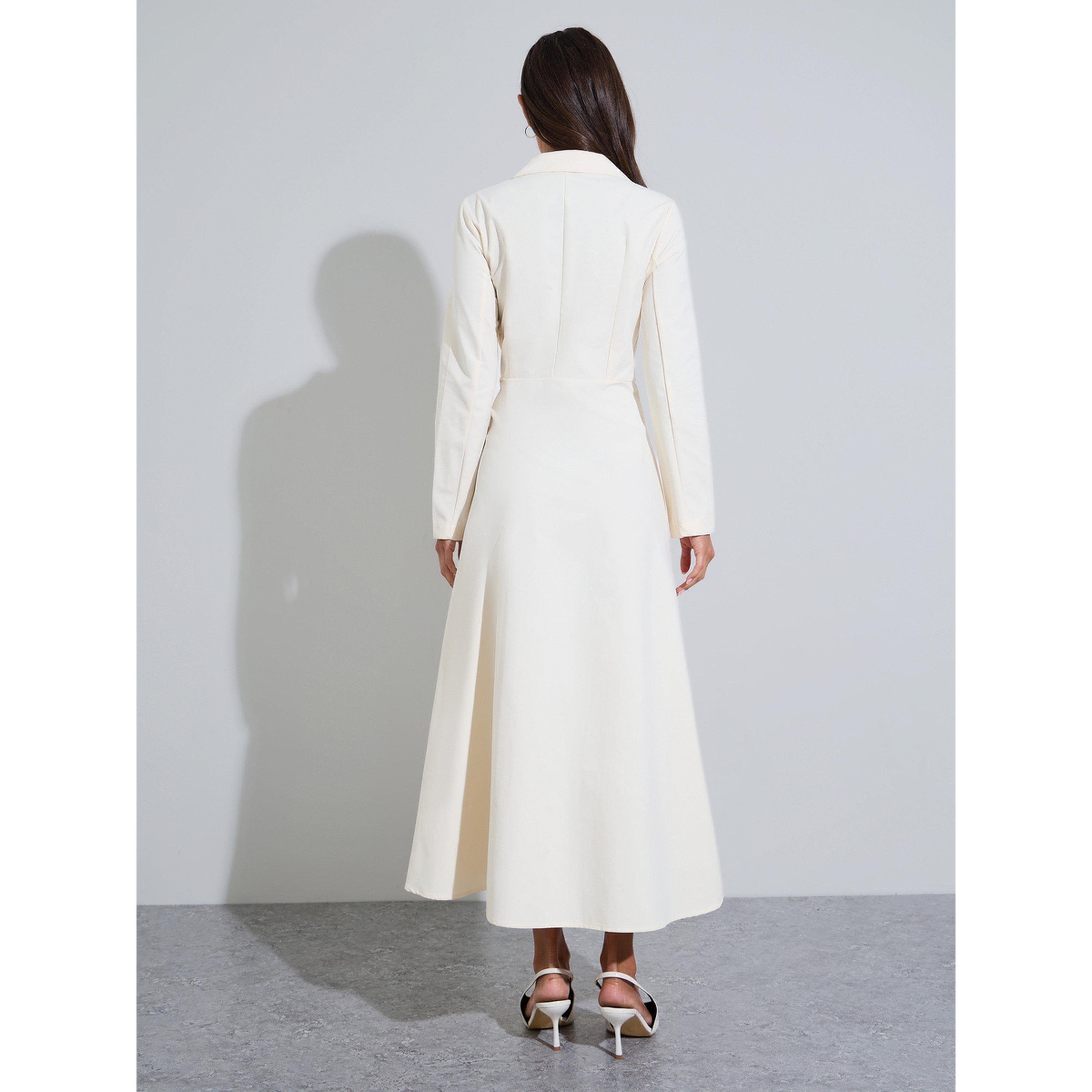 فستان طويل بليزر بياقة وتفاصيل طيات سادة بلون كريمي-women-clothing-dresses-image-3