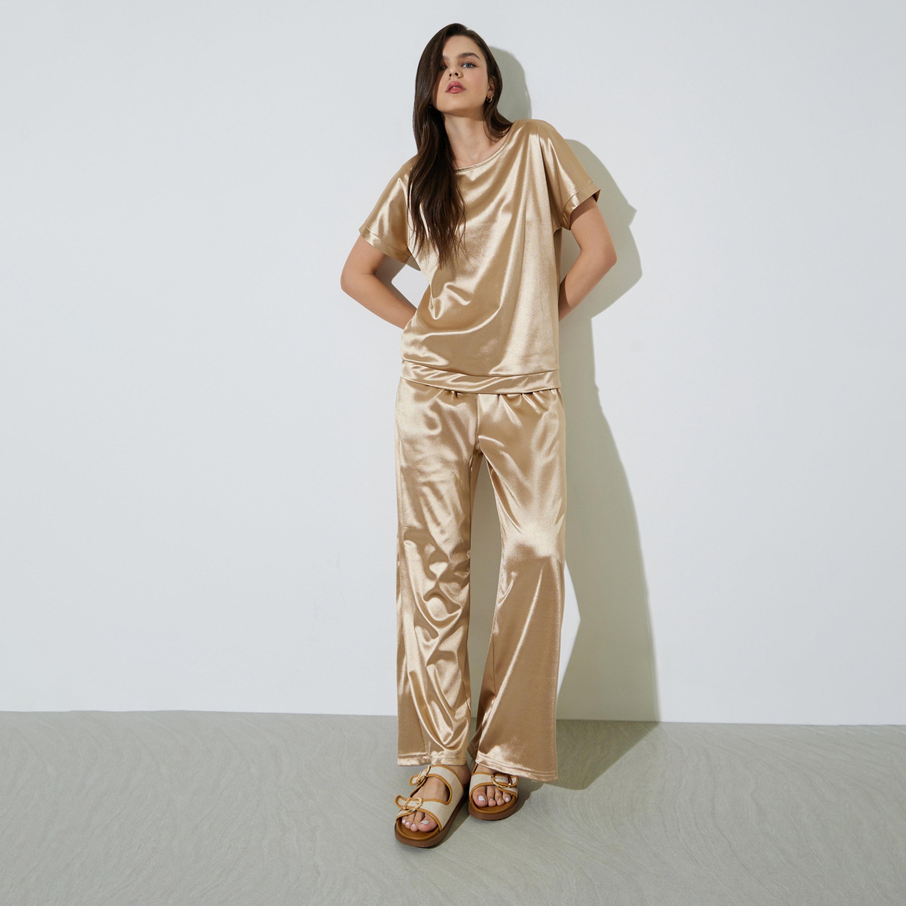 Take Two Gold Satin Top and Pants Co-ord Set-women-clothing-coordsets-image-1
