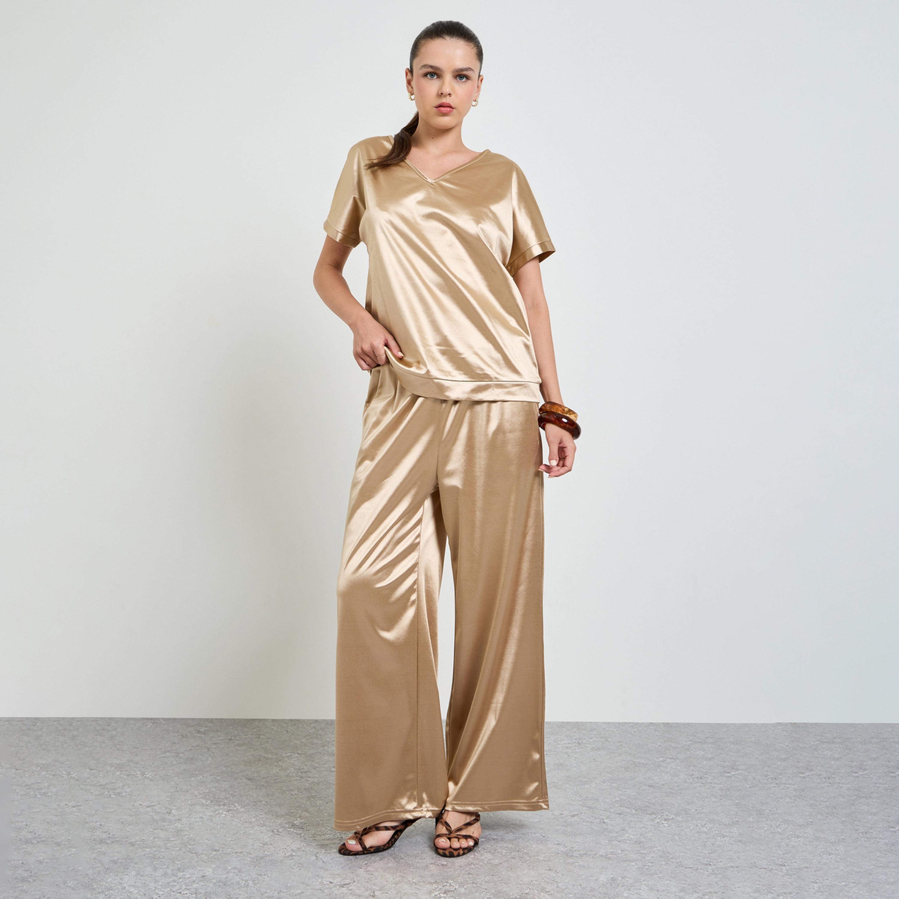 Take Two Gold Solid V-Neck Top and Trousers Stain Co-ord Set-women-clothing-coordsets-image-1