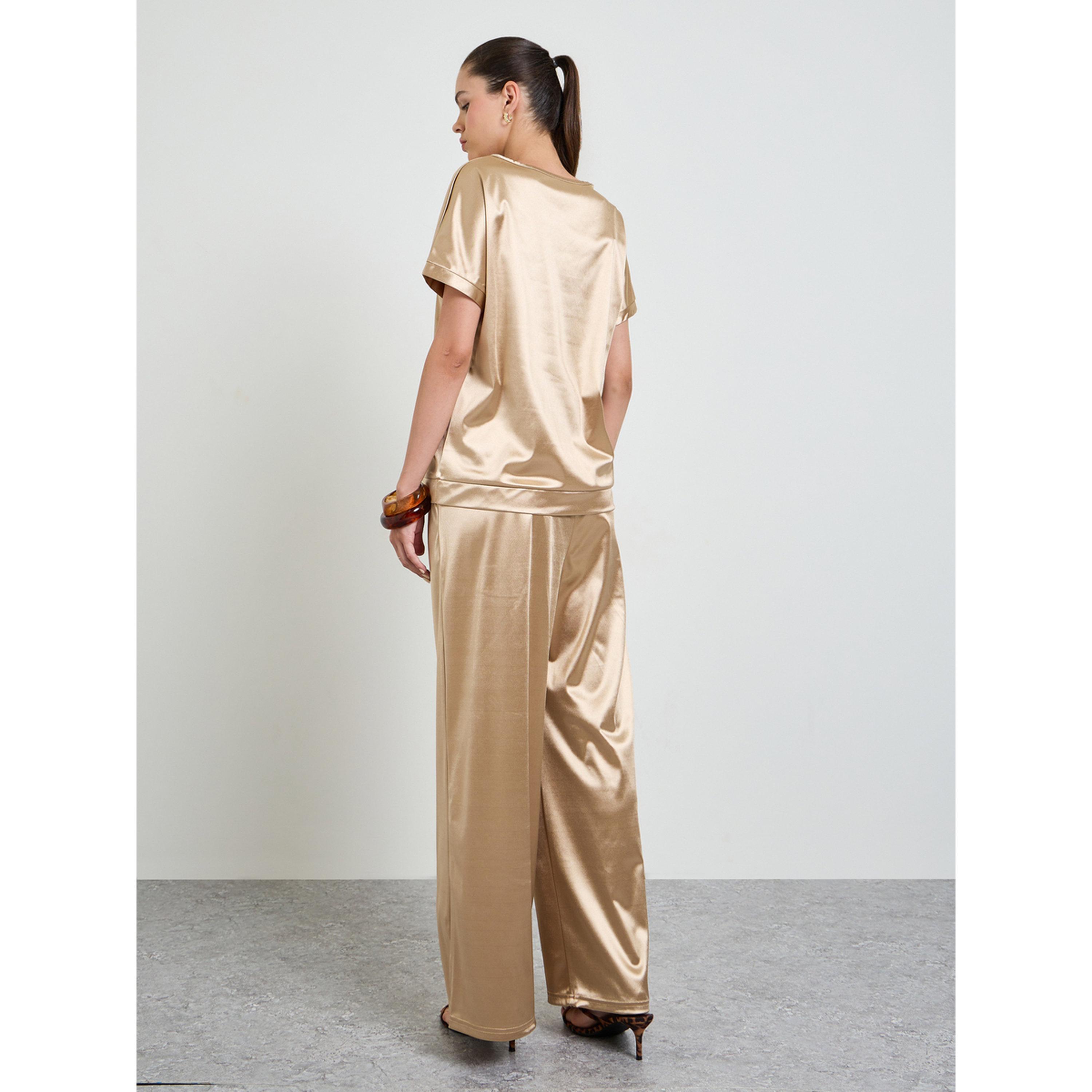 Take Two Gold Solid V-Neck Top and Trousers Stain Co-ord Set-women-clothing-coordsets-image-3