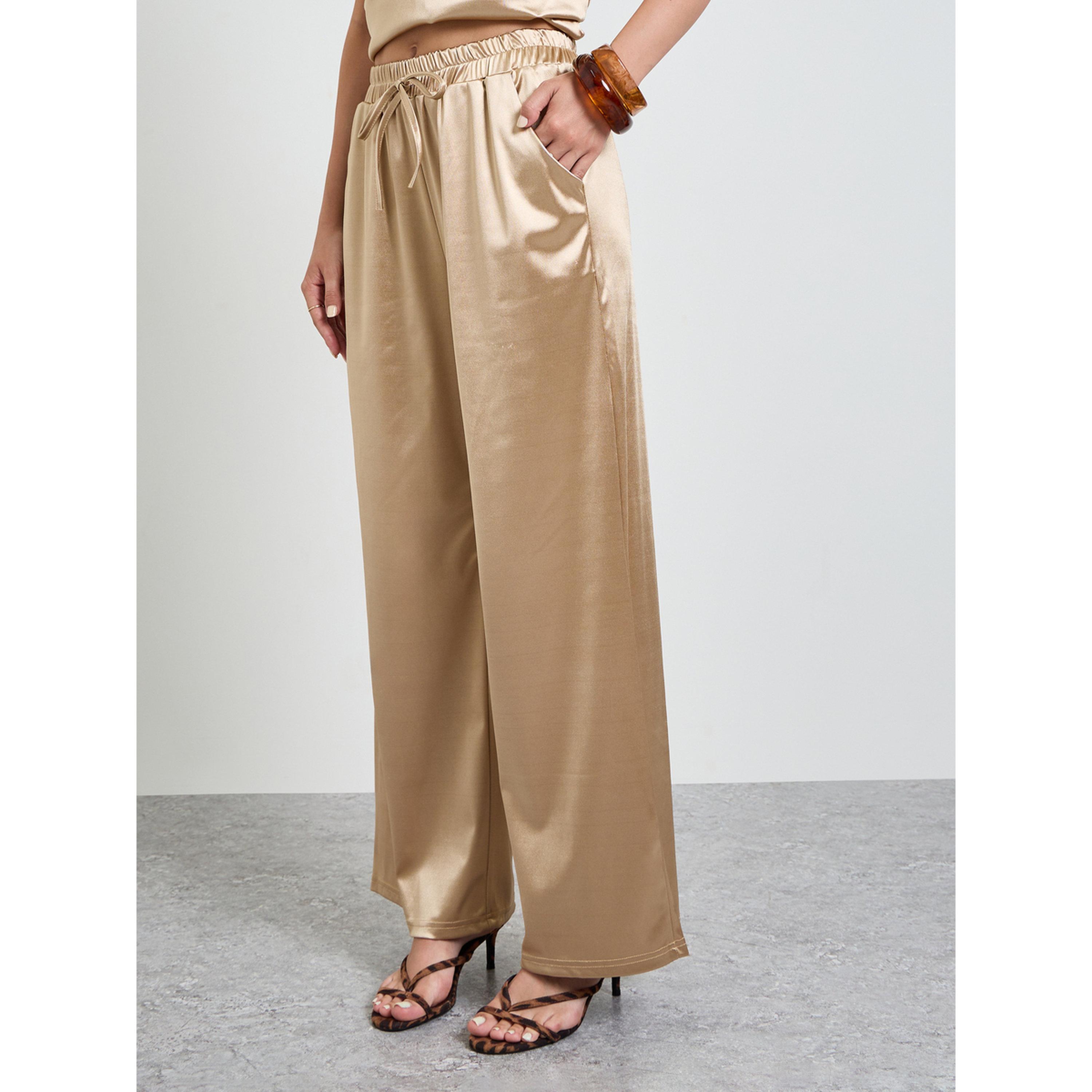 Take Two Gold Solid V-Neck Top and Trousers Stain Co-ord Set-women-clothing-coordsets-image-4
