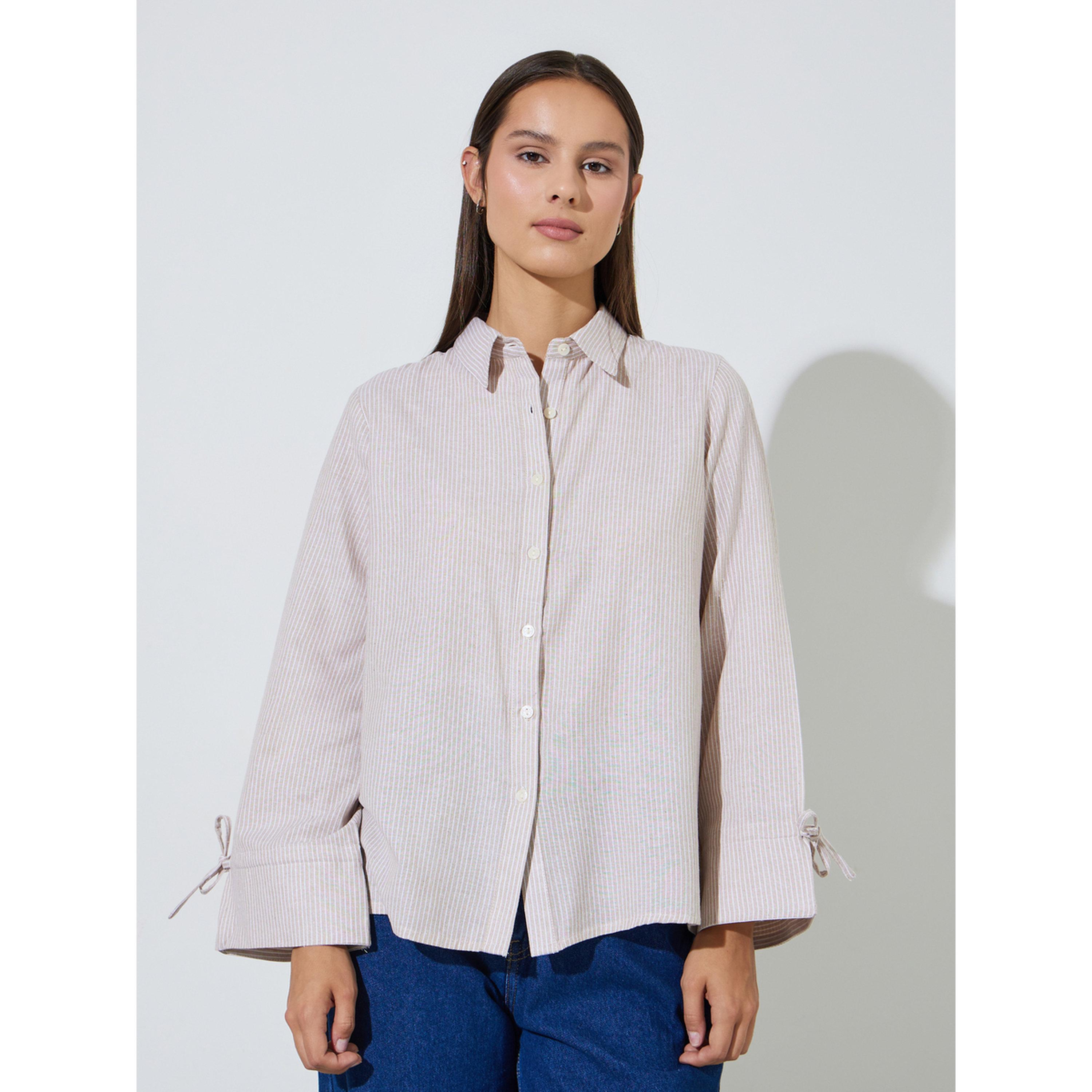 Styli Beige Striped Tie-Up Detail Long Sleeves Regular Fit Shirt-women-clothing-shirtsandblouses-shirts-image-1