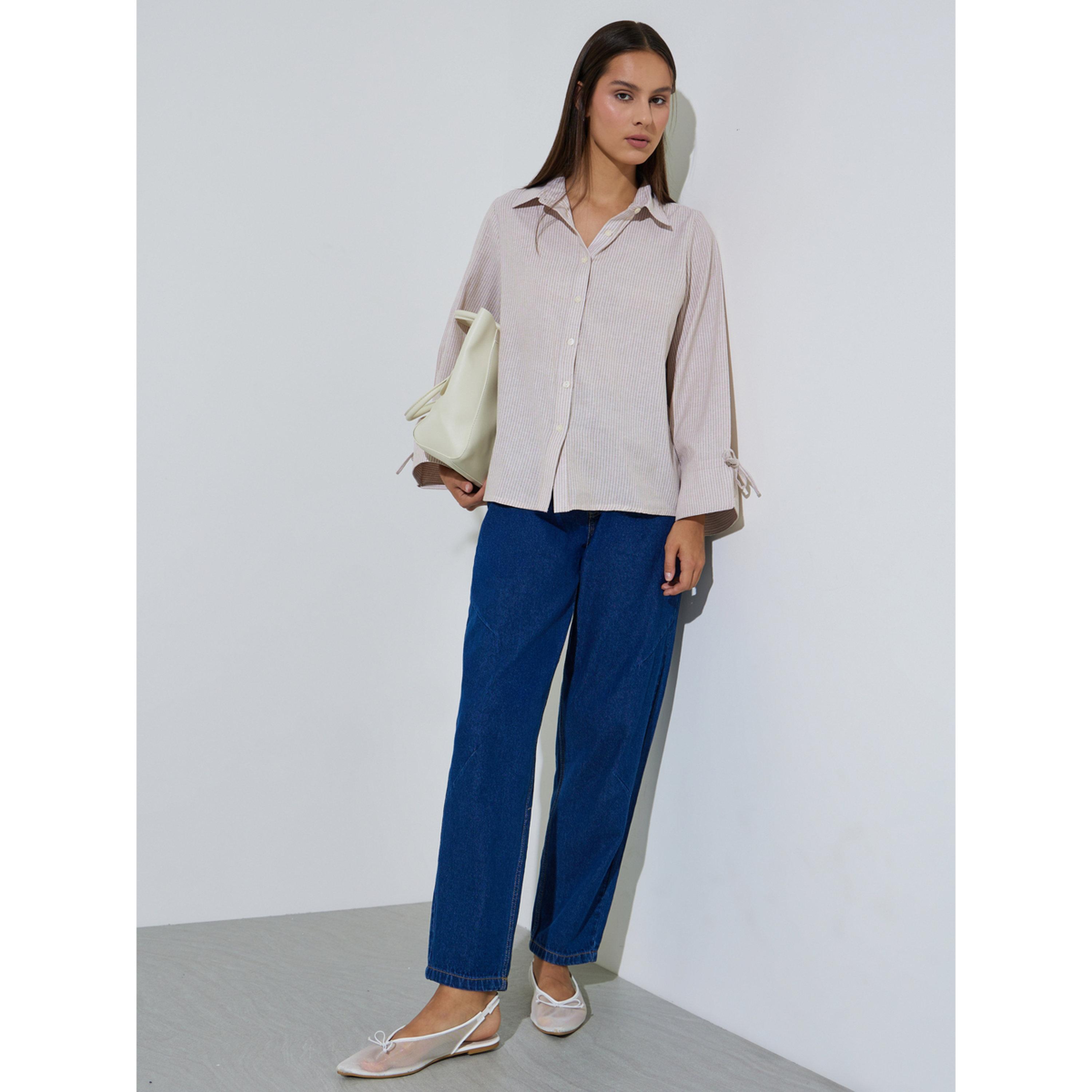 Styli Beige Striped Tie-Up Detail Long Sleeves Regular Fit Shirt-women-clothing-shirtsandblouses-shirts-image-2