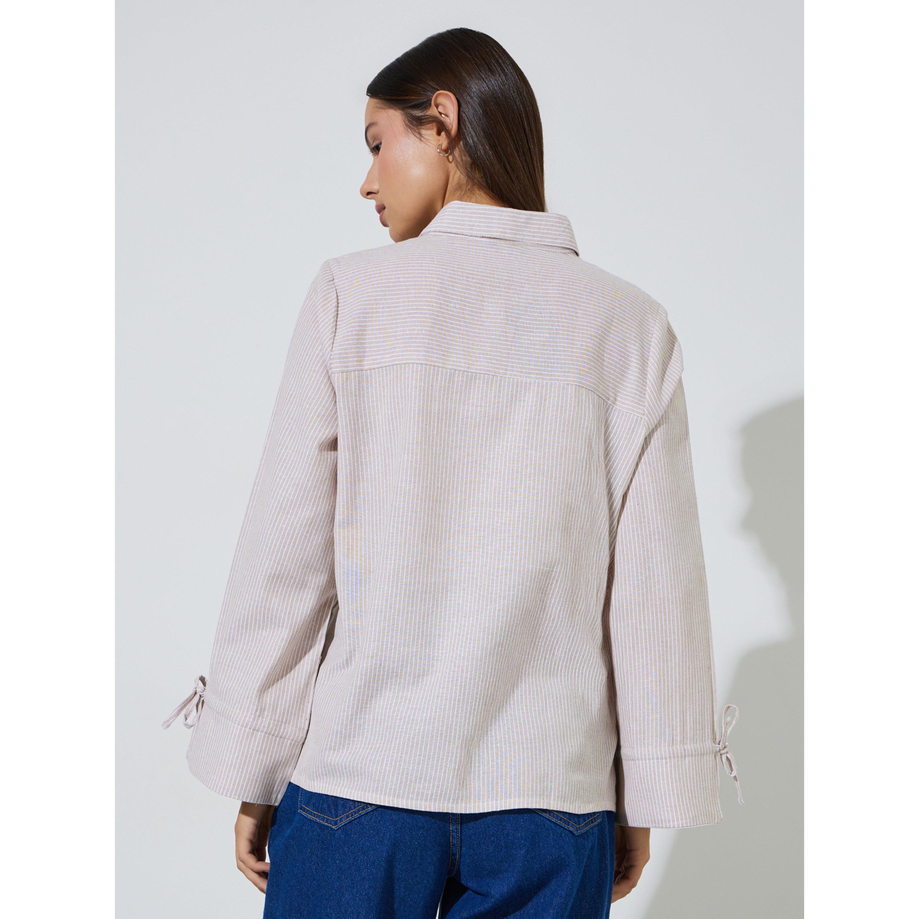 Styli Beige Striped Tie-Up Detail Long Sleeves Regular Fit Shirt-women-clothing-shirtsandblouses-shirts-image-3