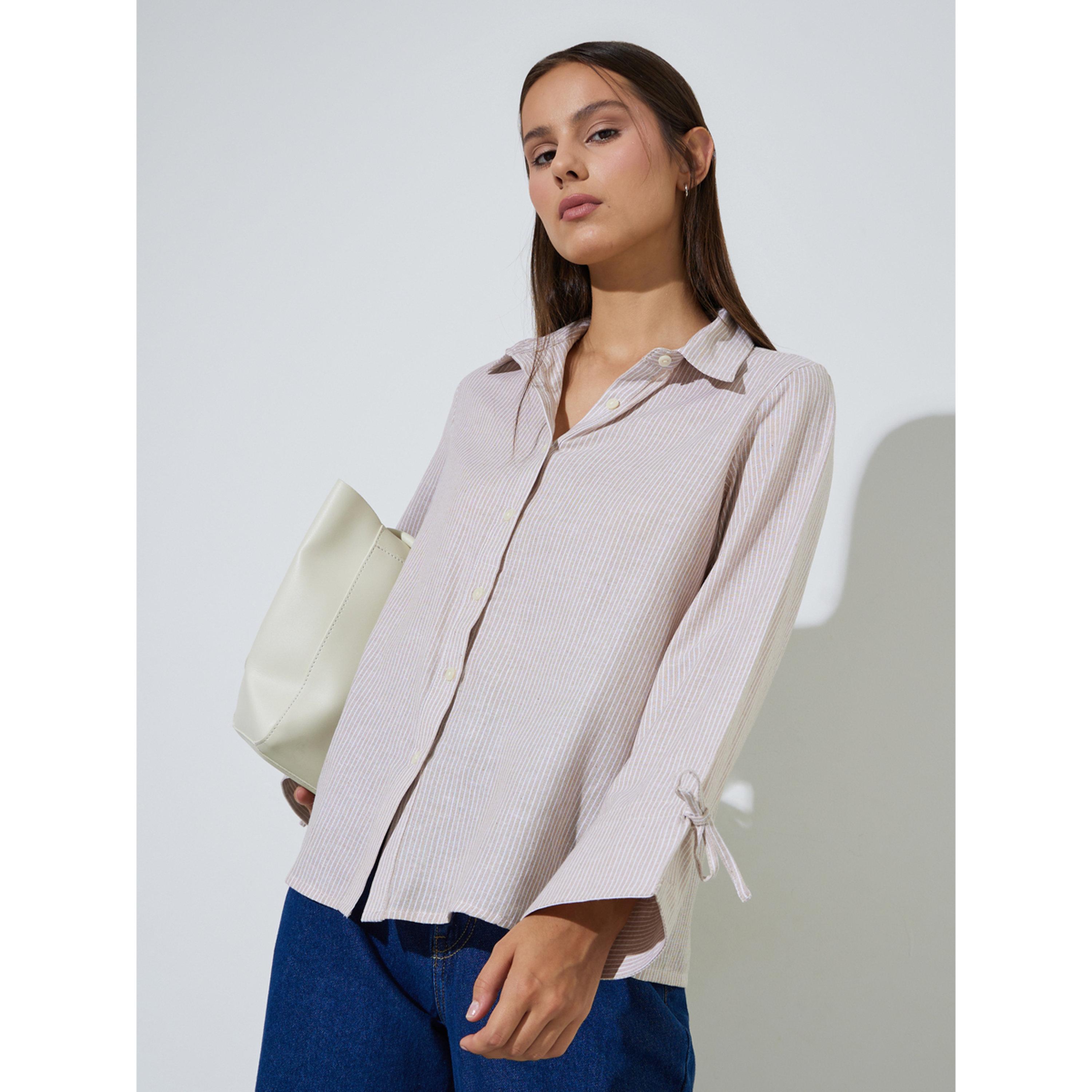 Styli Beige Striped Tie-Up Detail Long Sleeves Regular Fit Shirt-women-clothing-shirtsandblouses-shirts-image-4
