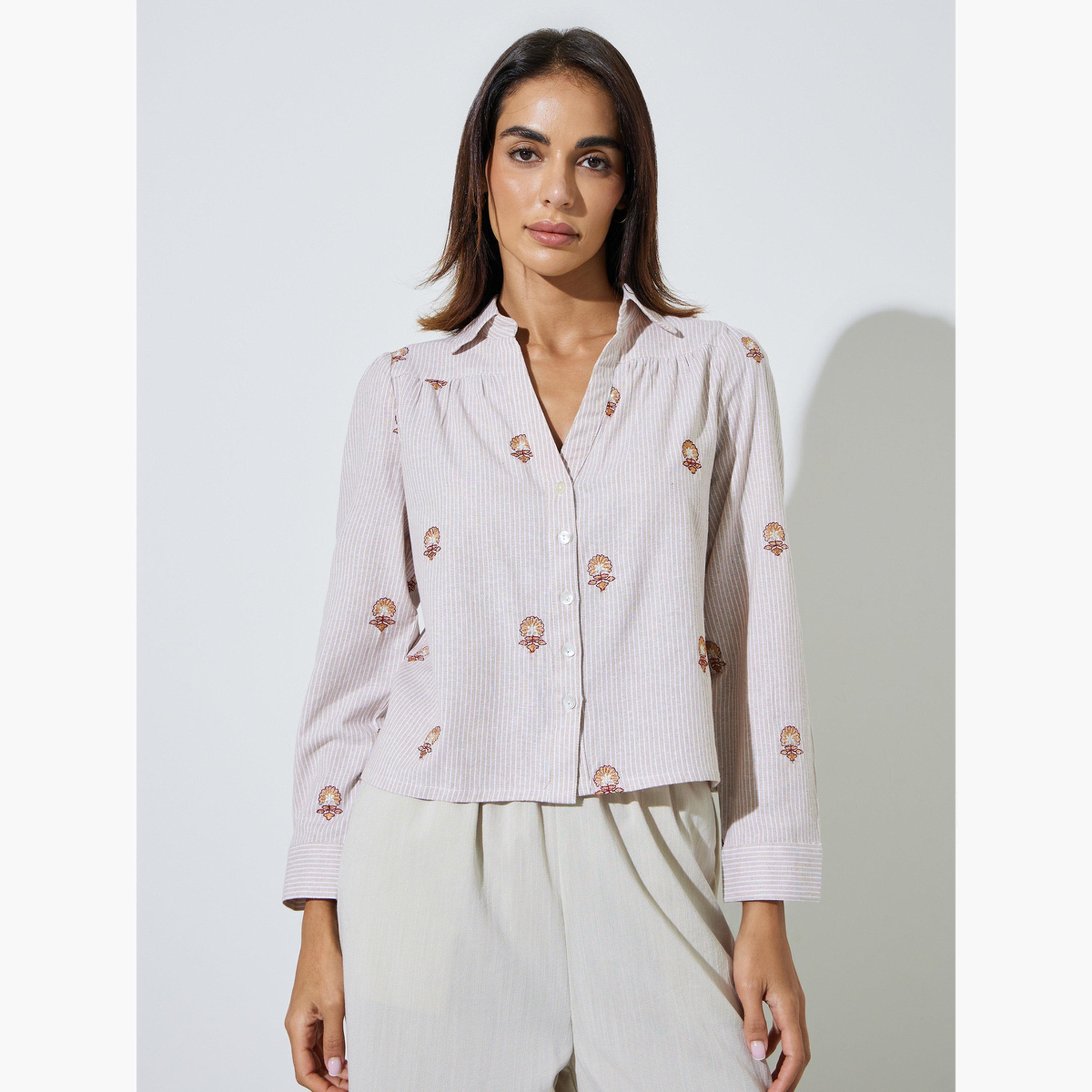 Styli Beige Striped Embroidered Cotton Shirt-women-clothing-shirtsandblouses-shirts-image-1