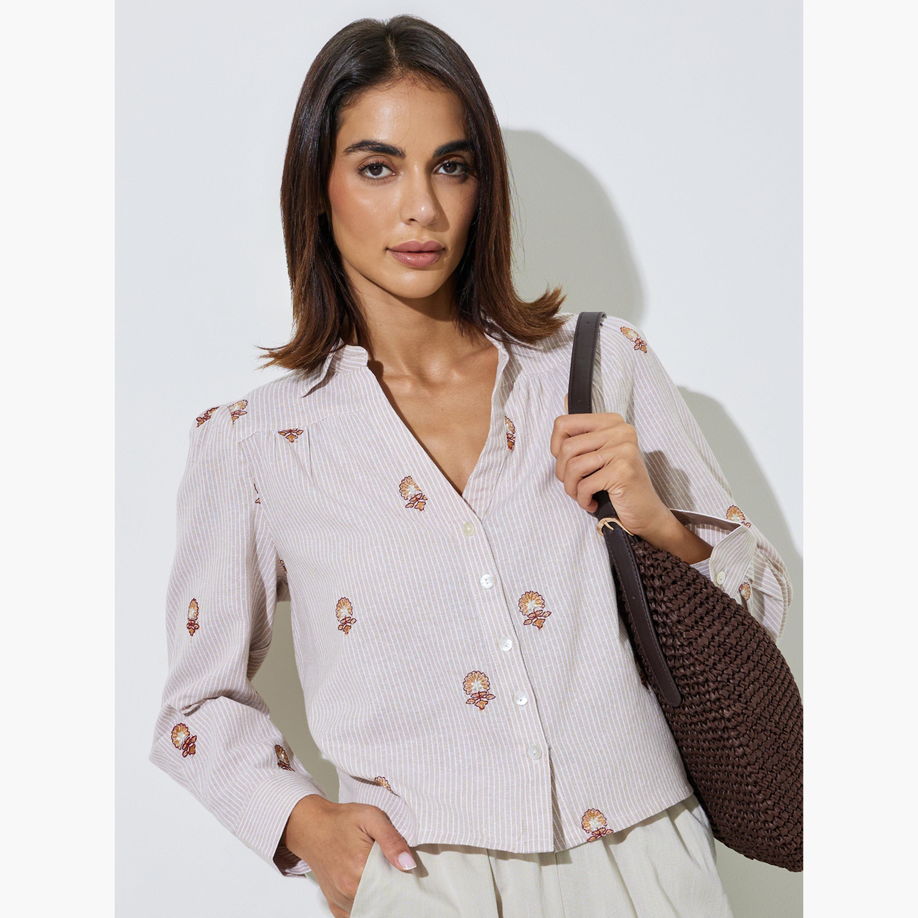 Styli Beige Striped Embroidered Cotton Shirt-women-clothing-shirtsandblouses-shirts-image-3