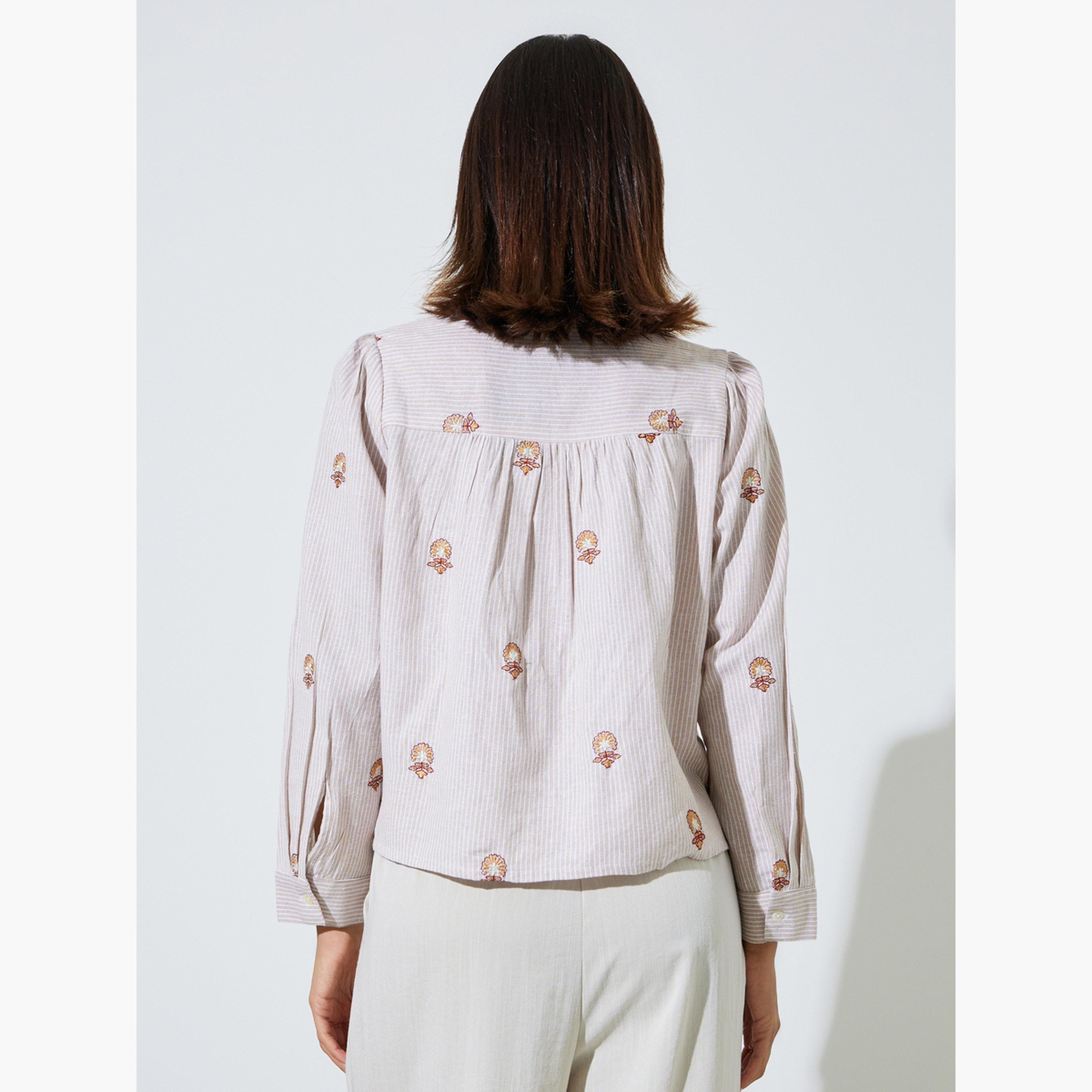 Styli Beige Striped Embroidered Cotton Shirt-women-clothing-shirtsandblouses-shirts-image-4