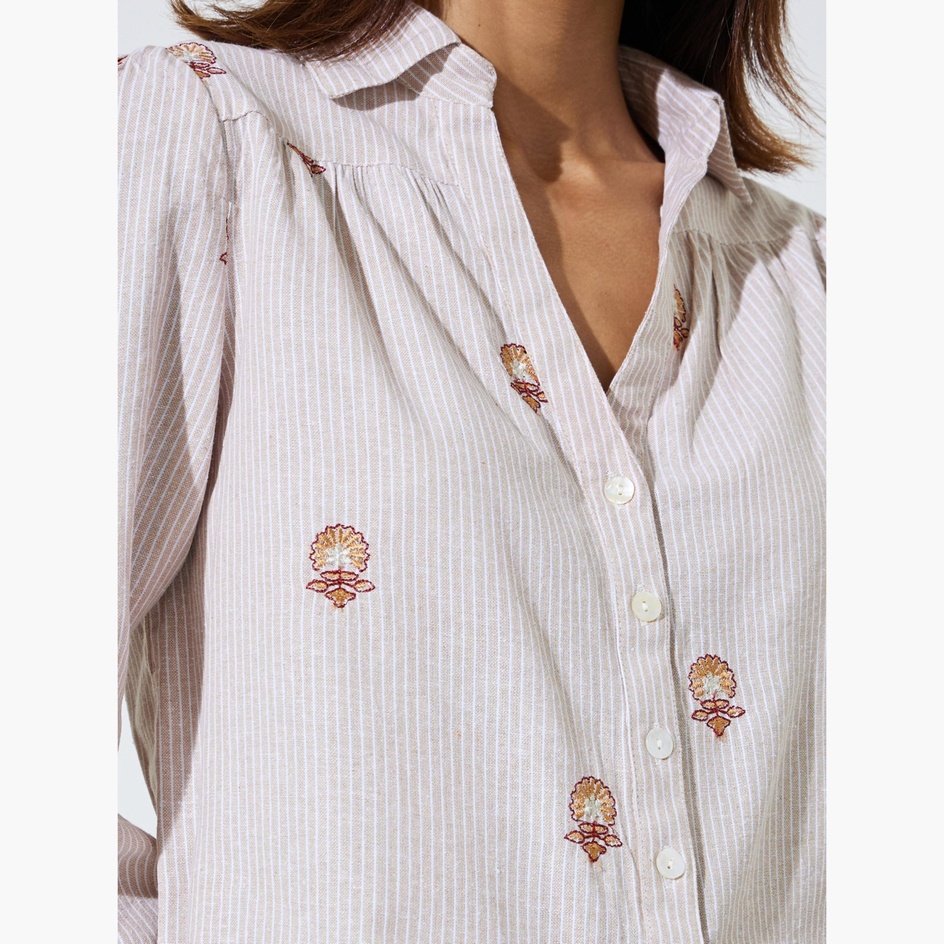 Styli Beige Striped Embroidered Cotton Shirt-women-clothing-shirtsandblouses-shirts-image-5