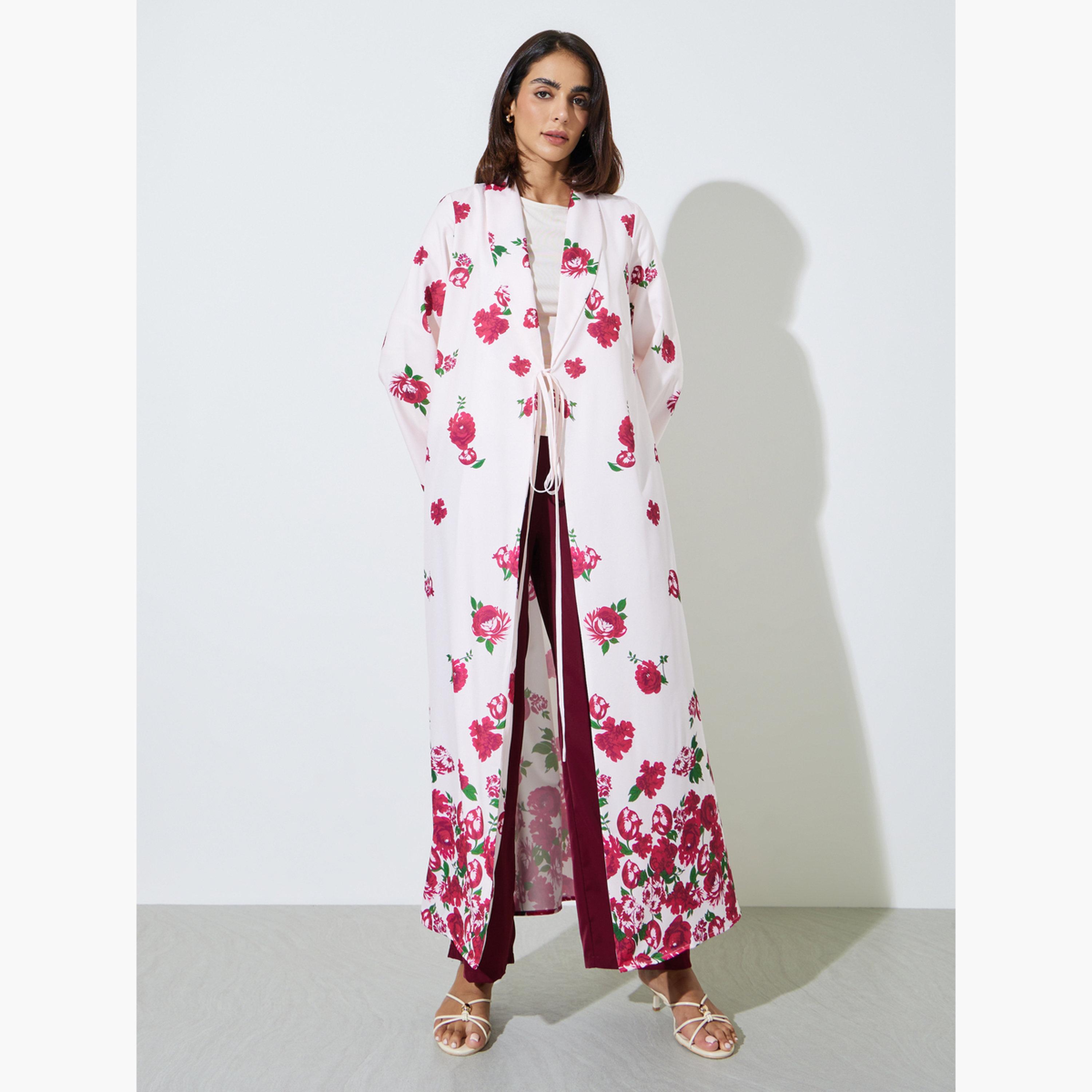 Styli Multi-Color Floral Print Tie Up Abaya-women-arabicclothing-abayas-image-1