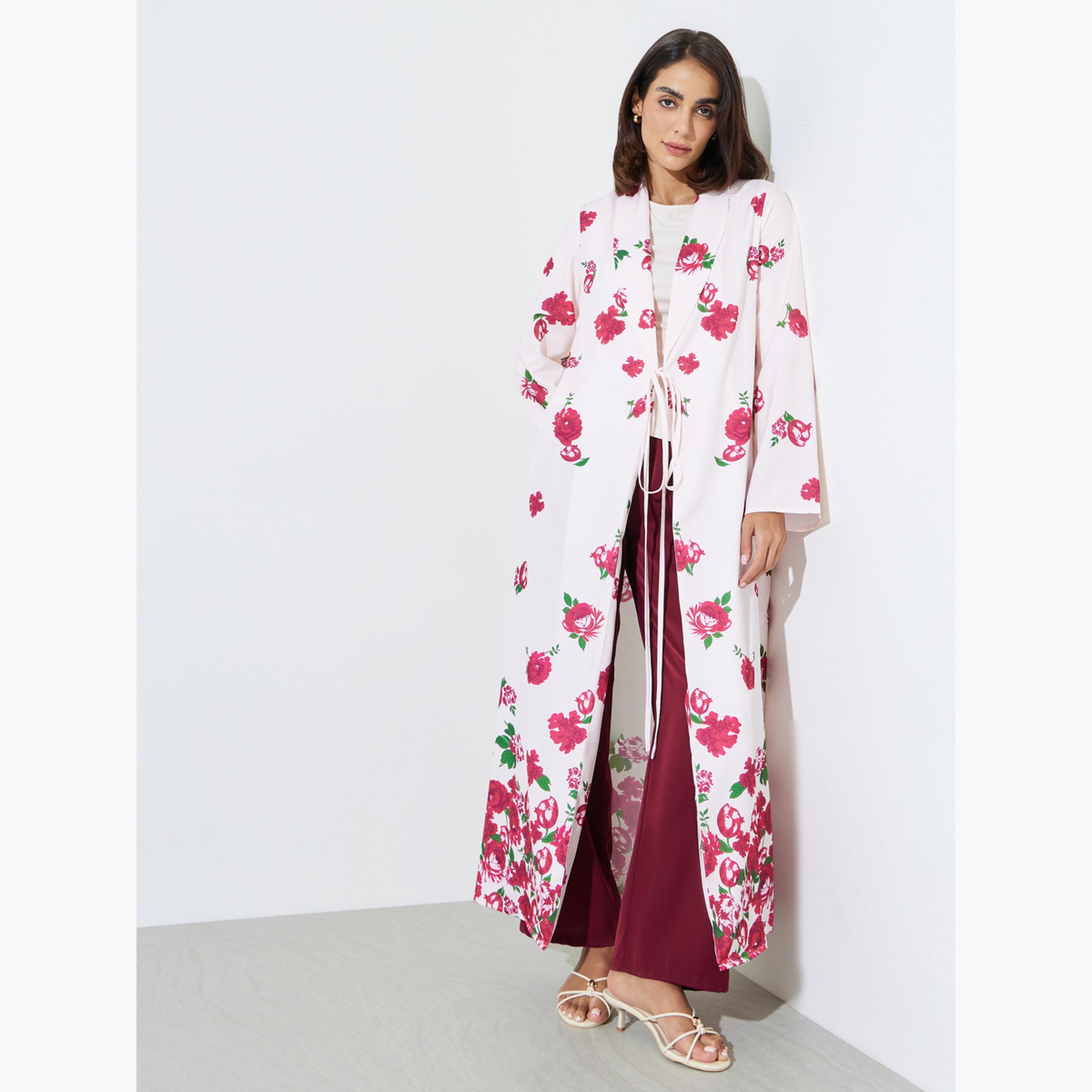 Styli Multi-Color Floral Print Tie Up Abaya-women-arabicclothing-abayas-image-3