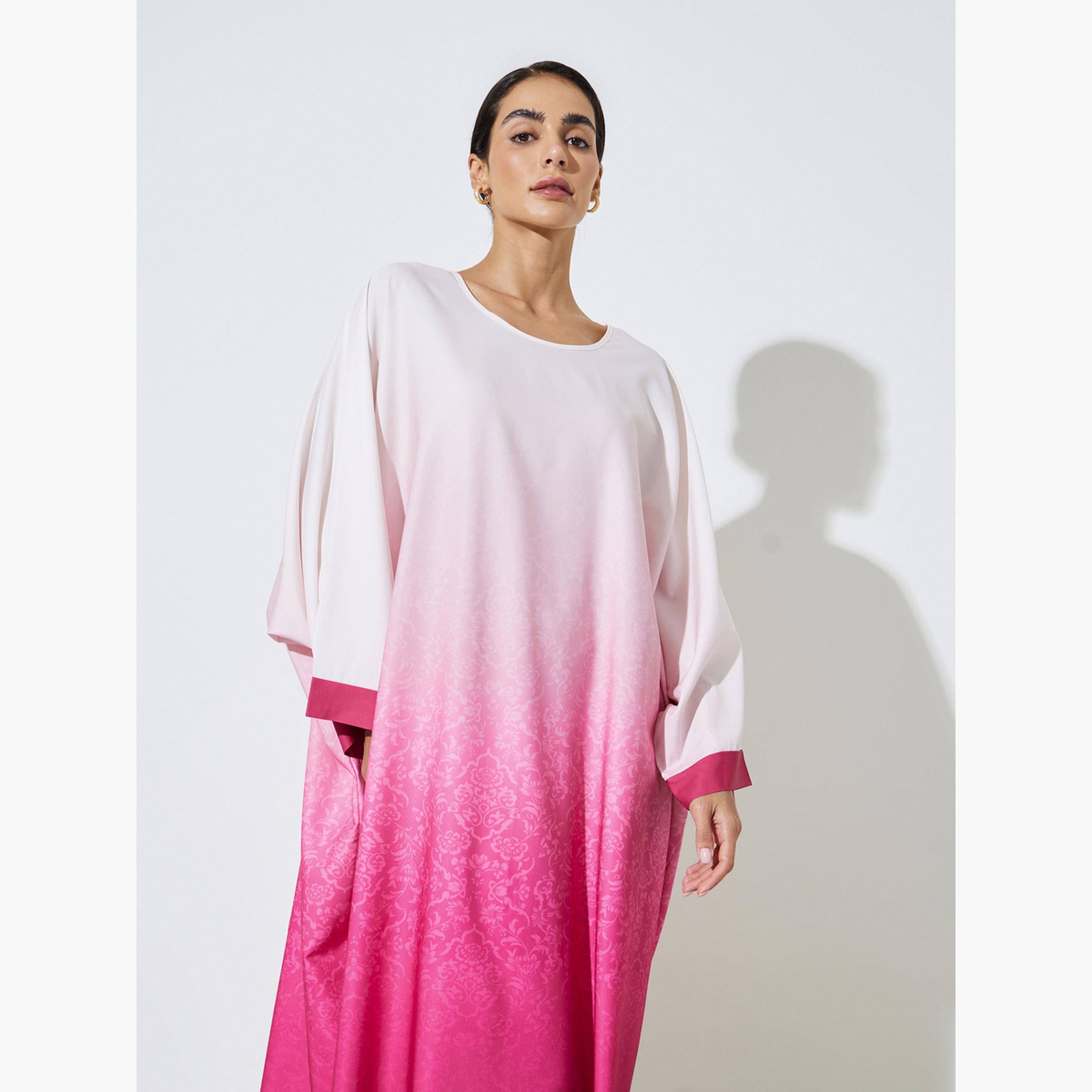 قفطان بأكمام خفاش ومطبع بتدرج ألوان-women-arabicclothing-kaftan-image-2