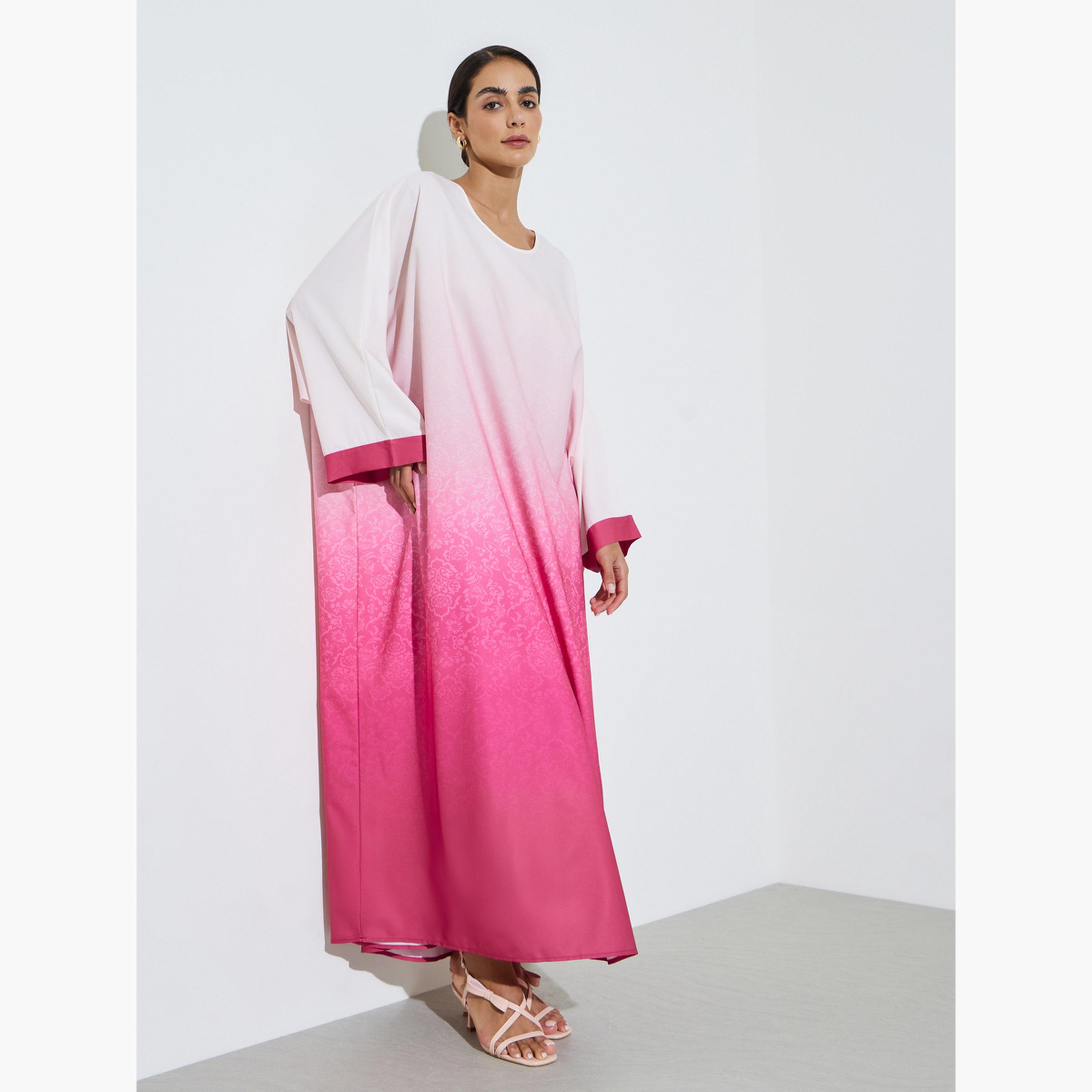 قفطان بأكمام خفاش ومطبع بتدرج ألوان-women-arabicclothing-kaftan-image-3