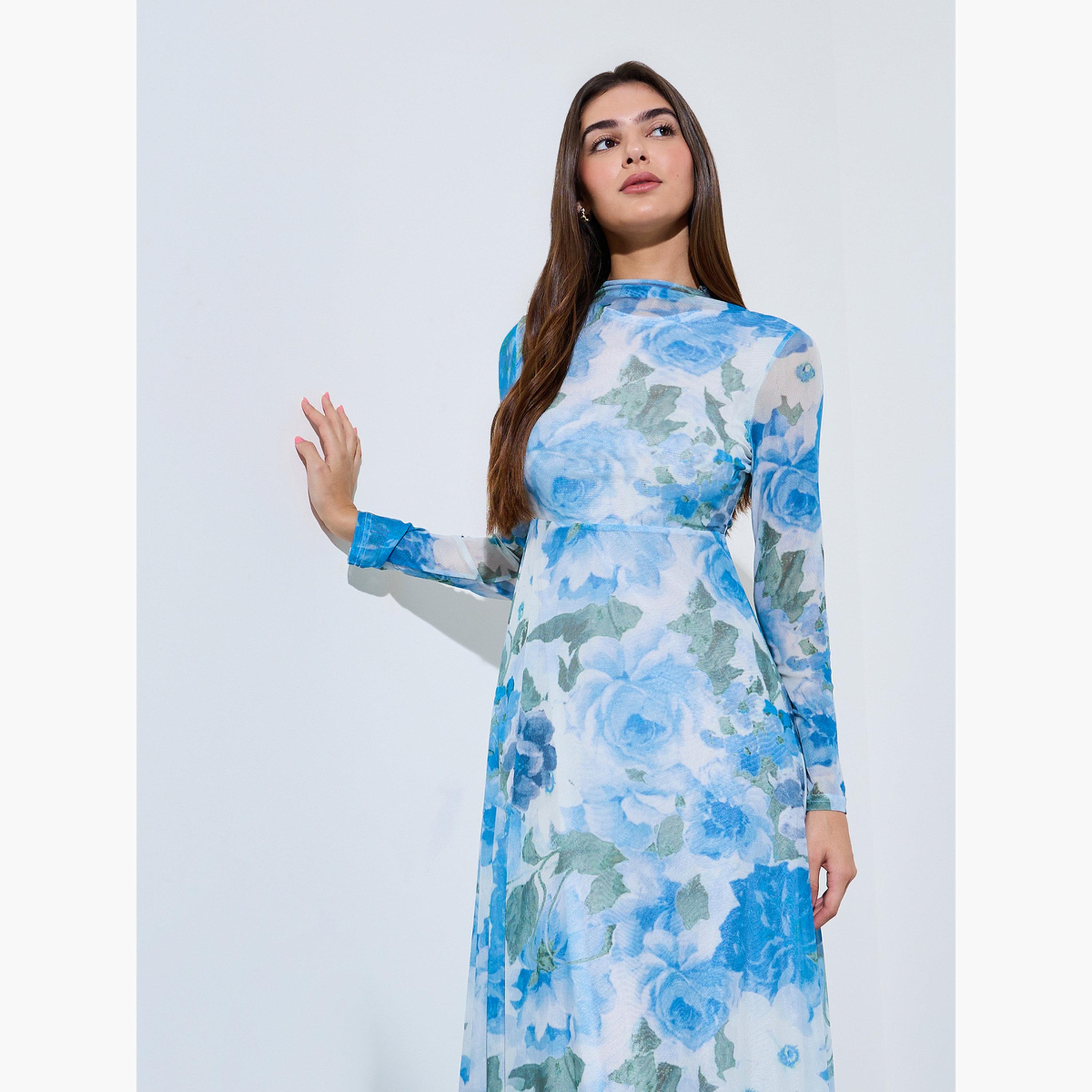 فستان طويل بحافة واسعة وأكمام طويلة وطبعة زهور-women-clothing-dresses-image-2