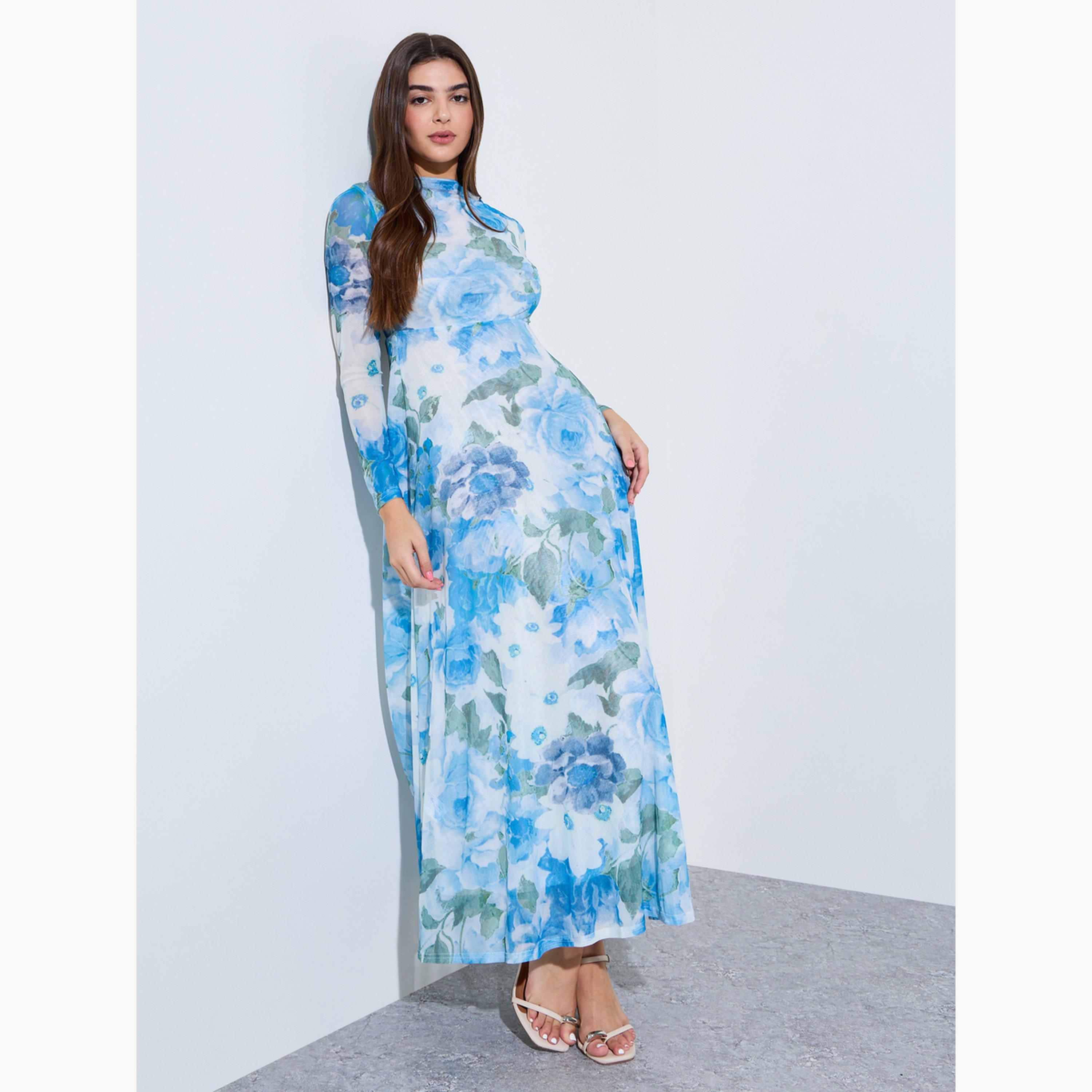 فستان طويل بحافة واسعة وأكمام طويلة وطبعة زهور-women-clothing-dresses-image-3