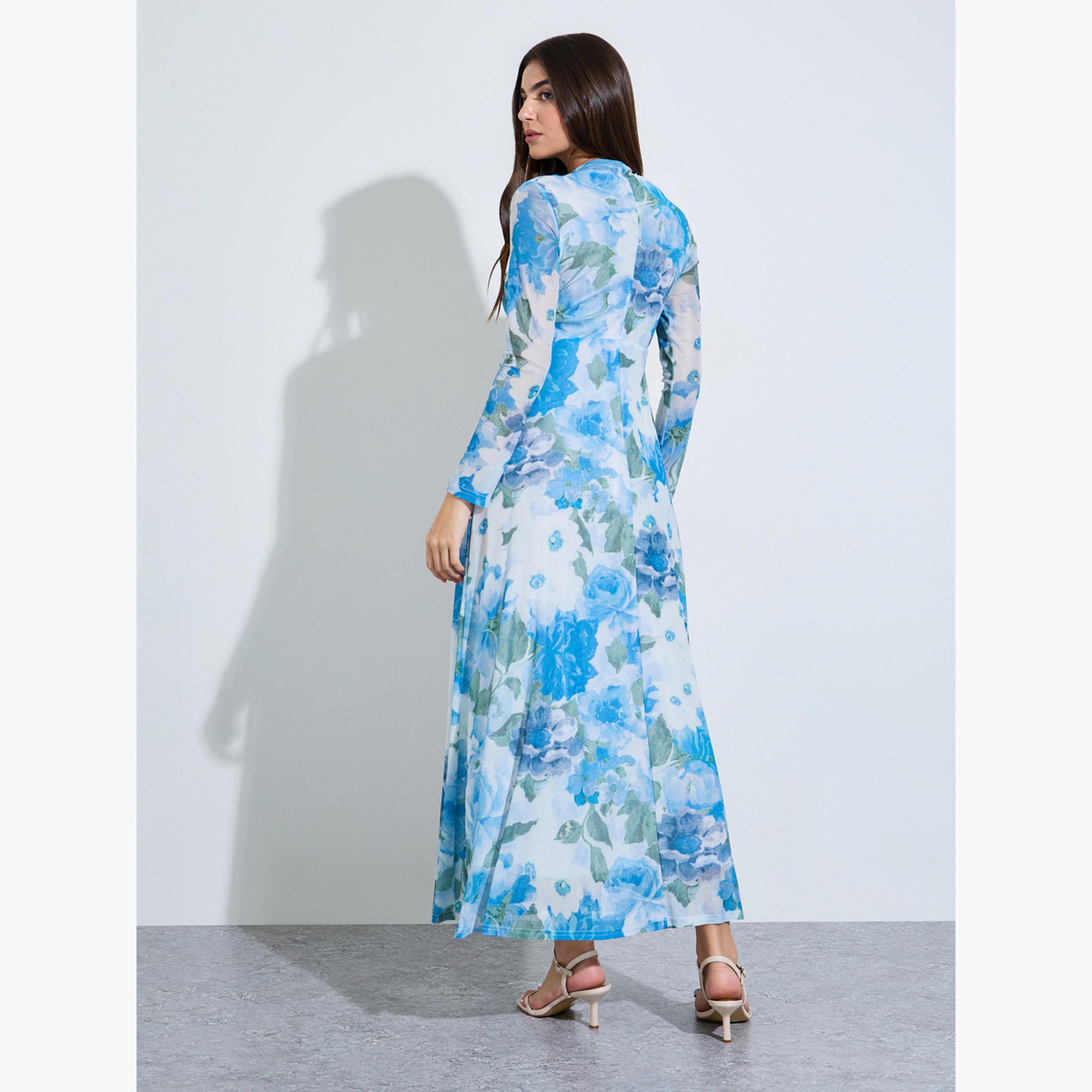 فستان طويل بحافة واسعة وأكمام طويلة وطبعة زهور-women-clothing-dresses-image-4