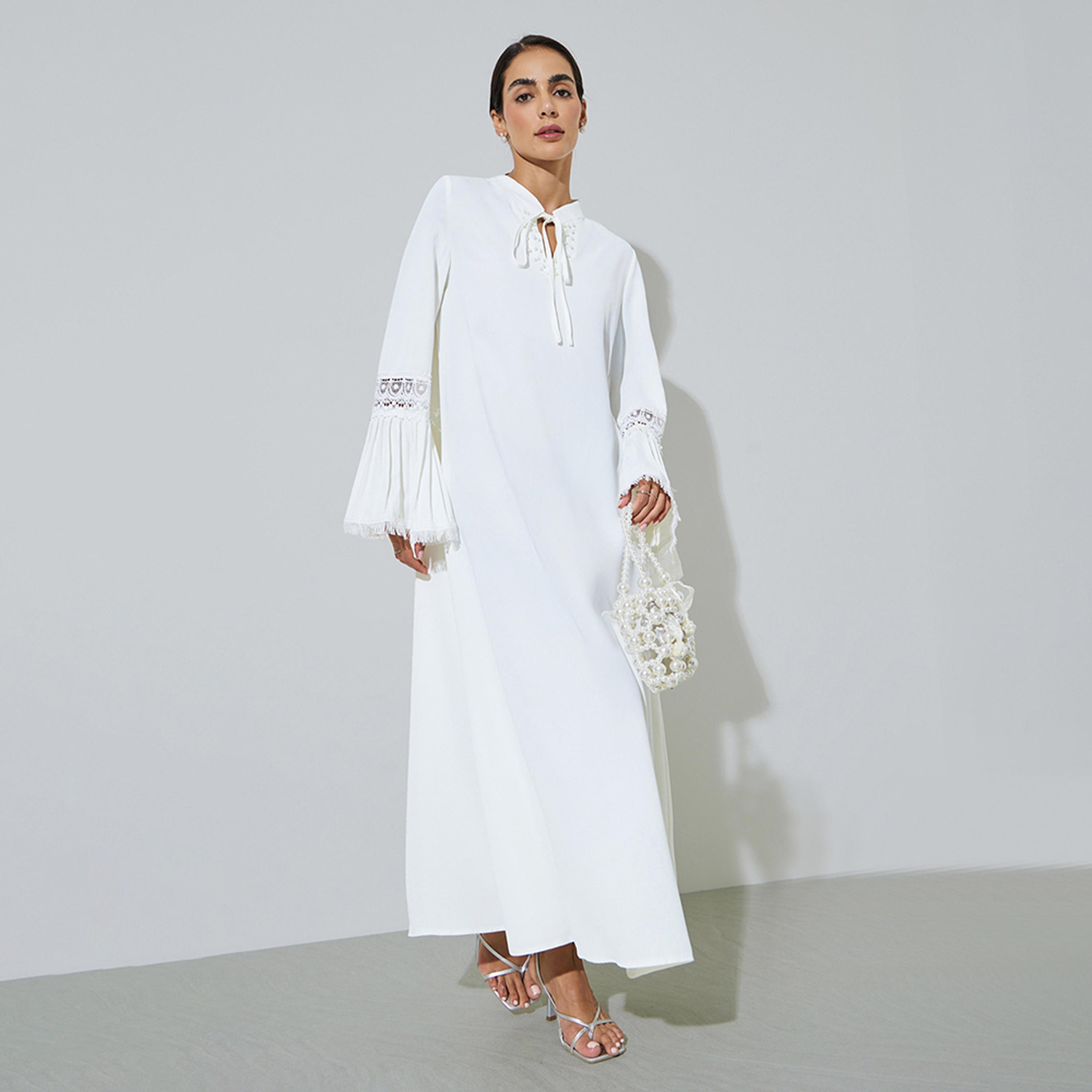 Styli White Solid Cuff Pleated Lace Detail Jalabiya-women-arabicclothing-jalabiyas-image-1