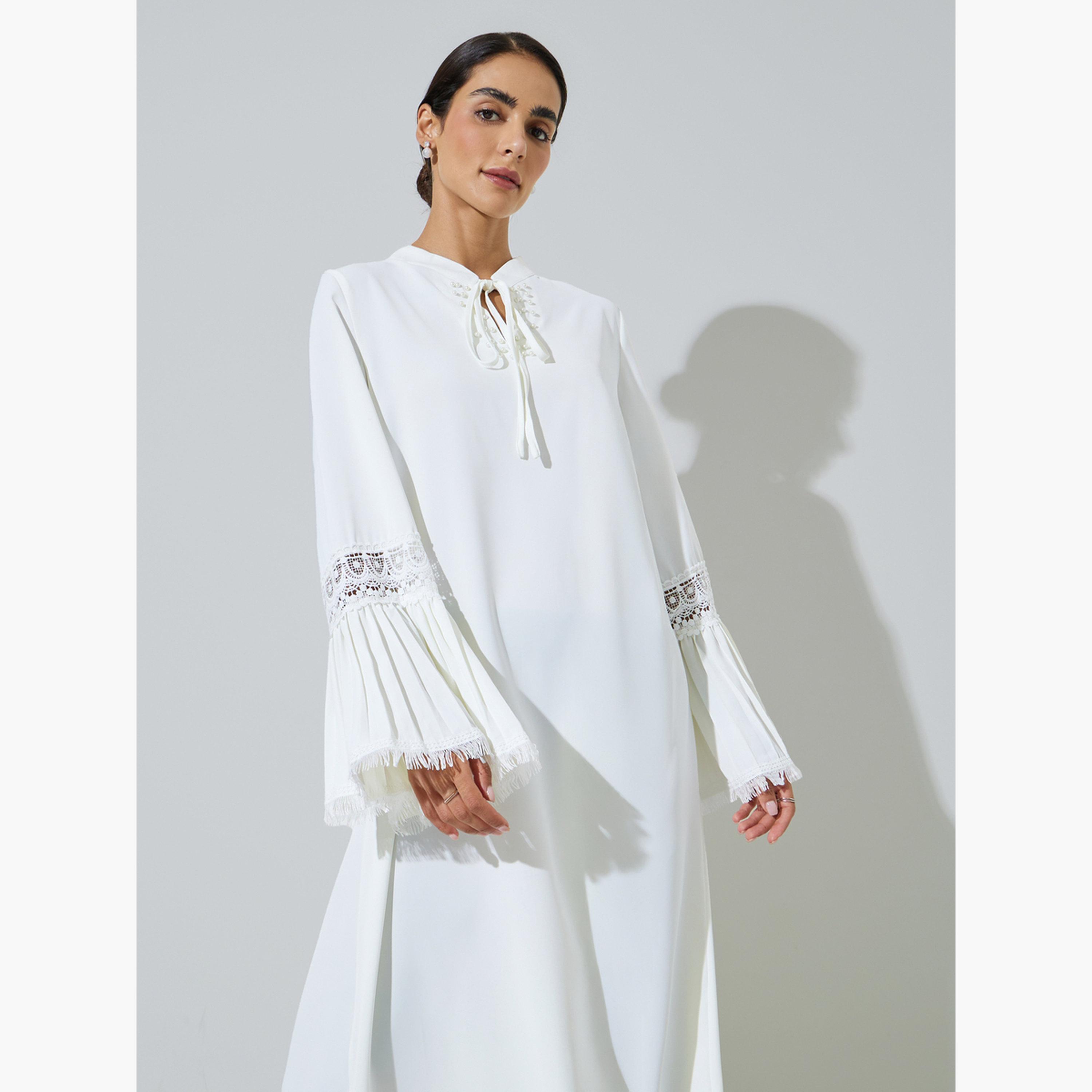 Styli White Solid Cuff Pleated Lace Detail Jalabiya-women-arabicclothing-jalabiyas-image-2