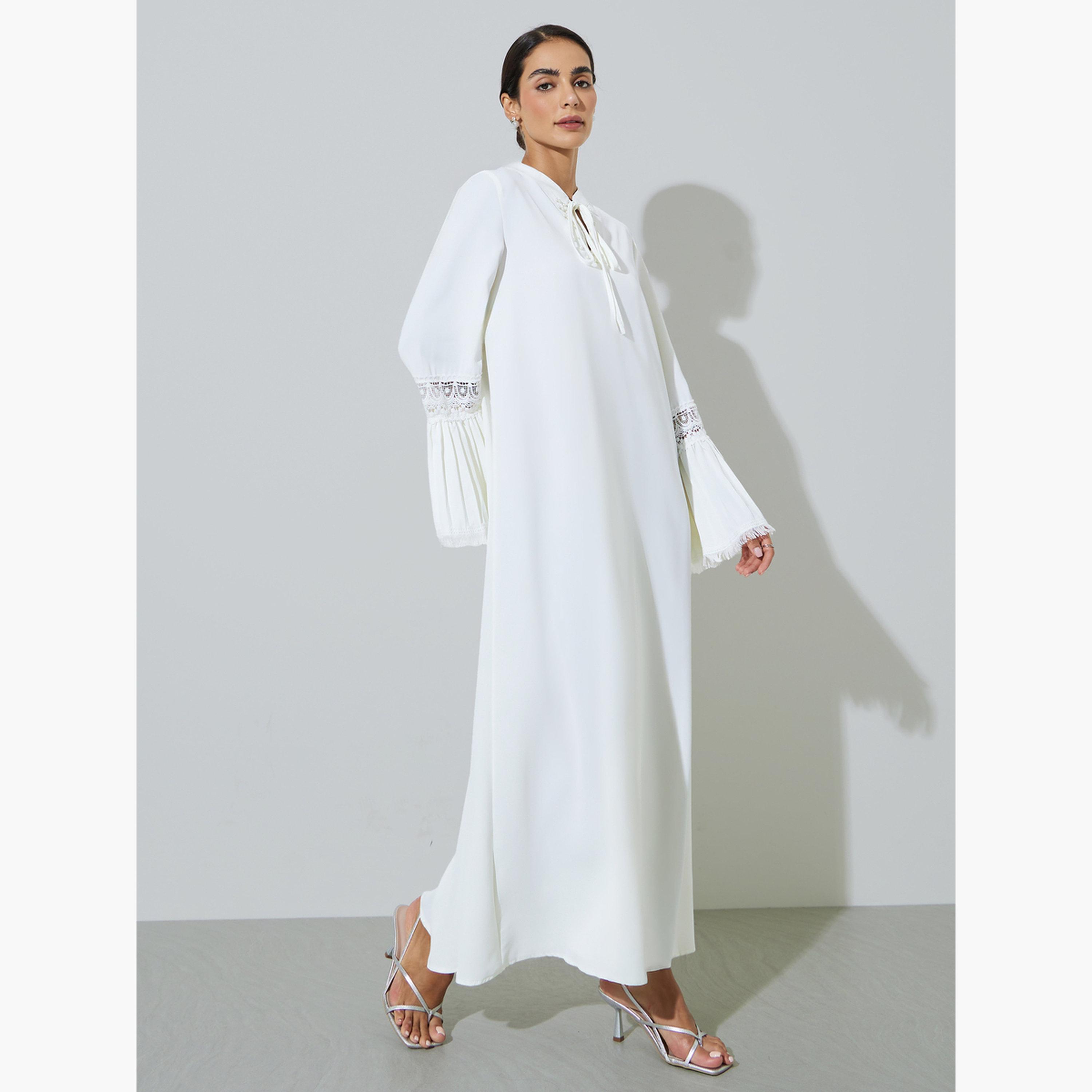 Styli White Solid Cuff Pleated Lace Detail Jalabiya-women-arabicclothing-jalabiyas-image-3