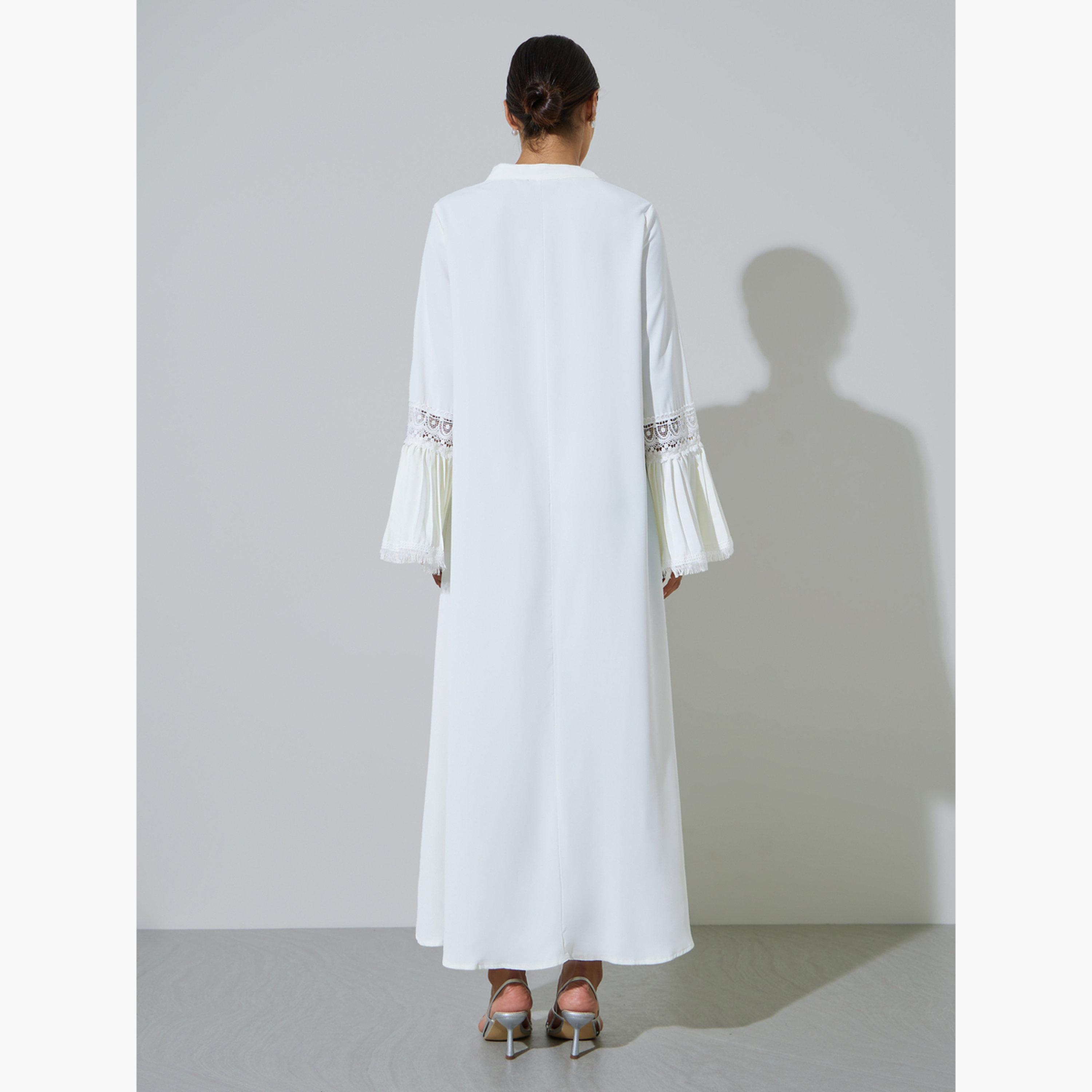 Styli White Solid Cuff Pleated Lace Detail Jalabiya-women-arabicclothing-jalabiyas-image-4