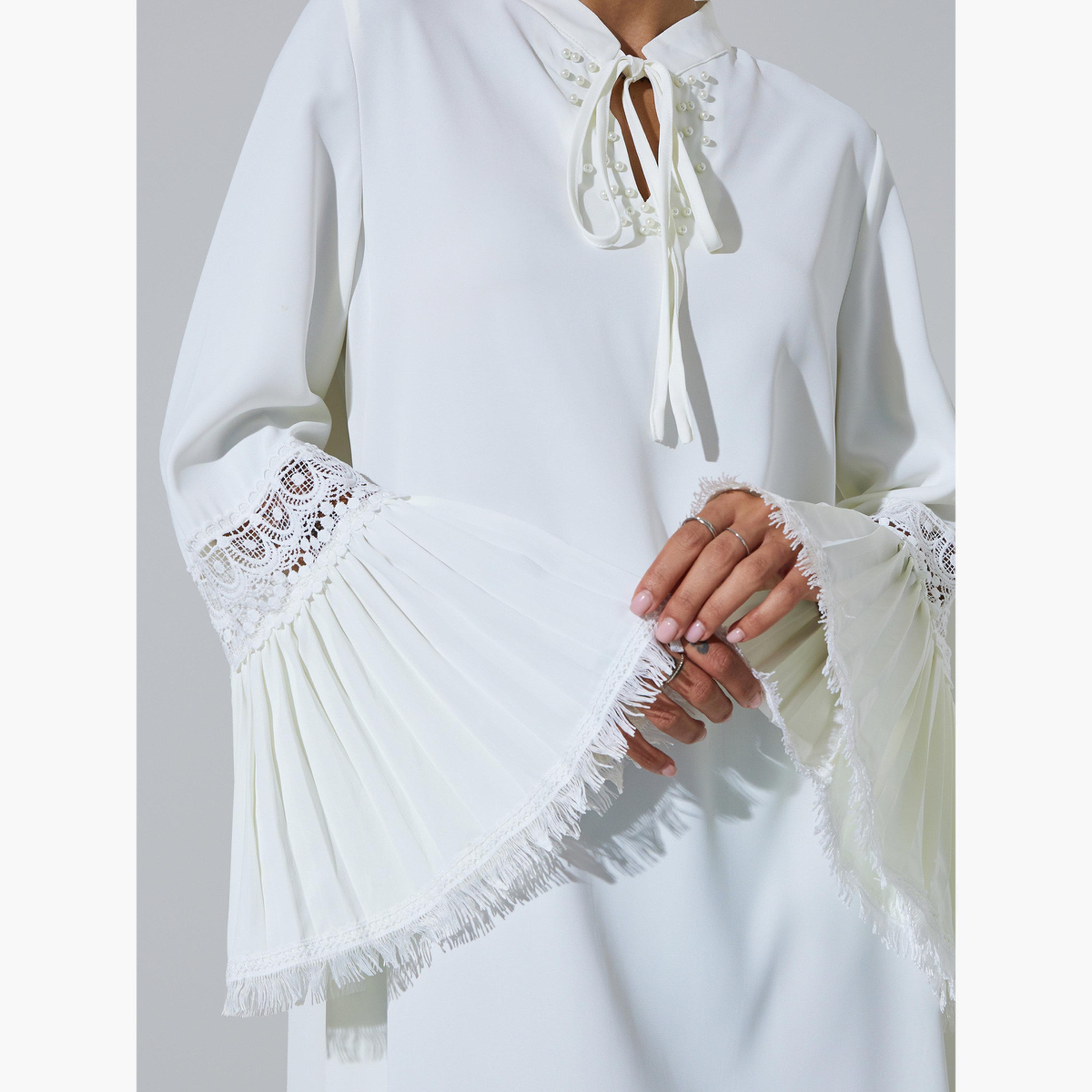 Styli White Solid Cuff Pleated Lace Detail Jalabiya-women-arabicclothing-jalabiyas-image-5
