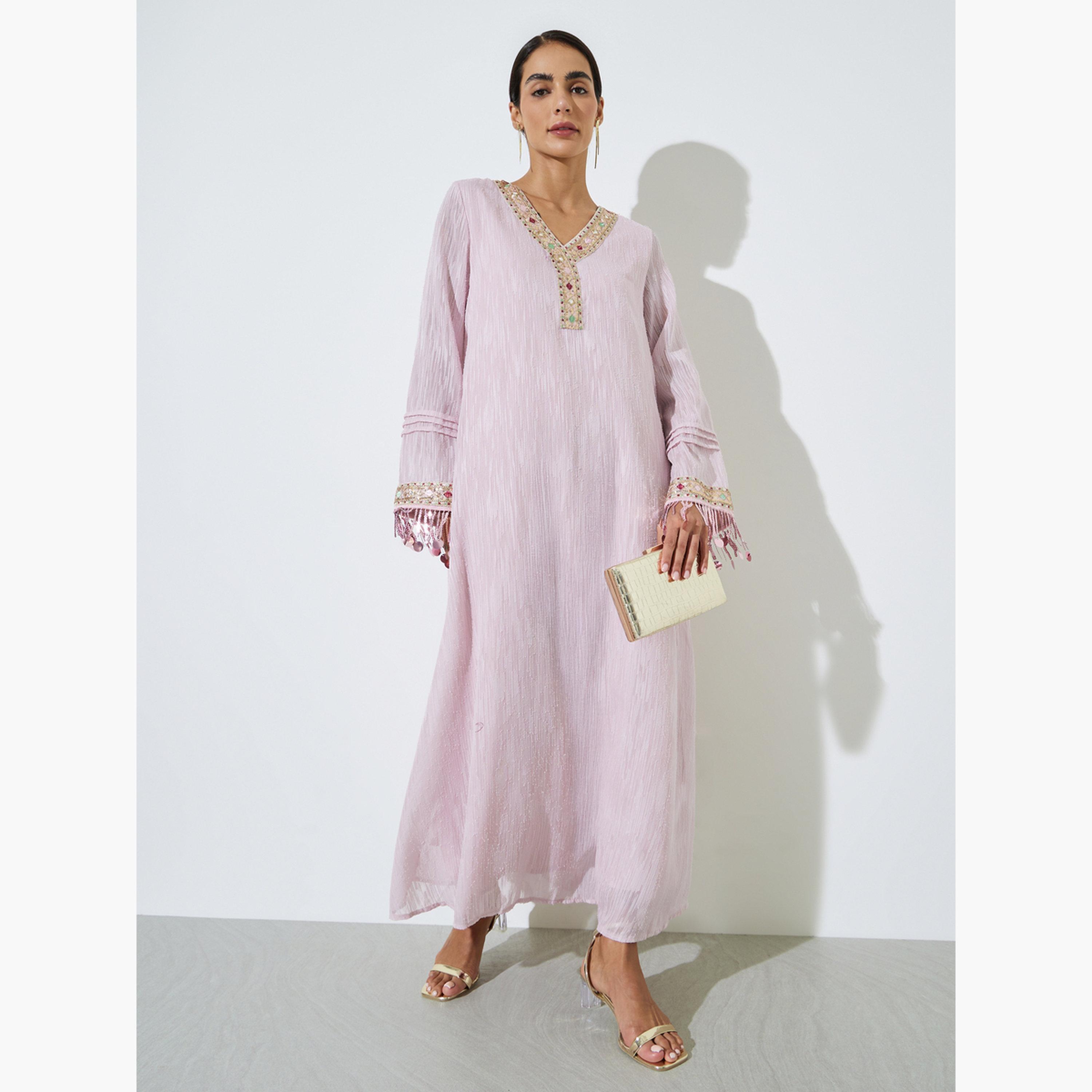 Styli Pink Embellished Trim Jalabiya-women-arabicclothing-jalabiyas-image-1